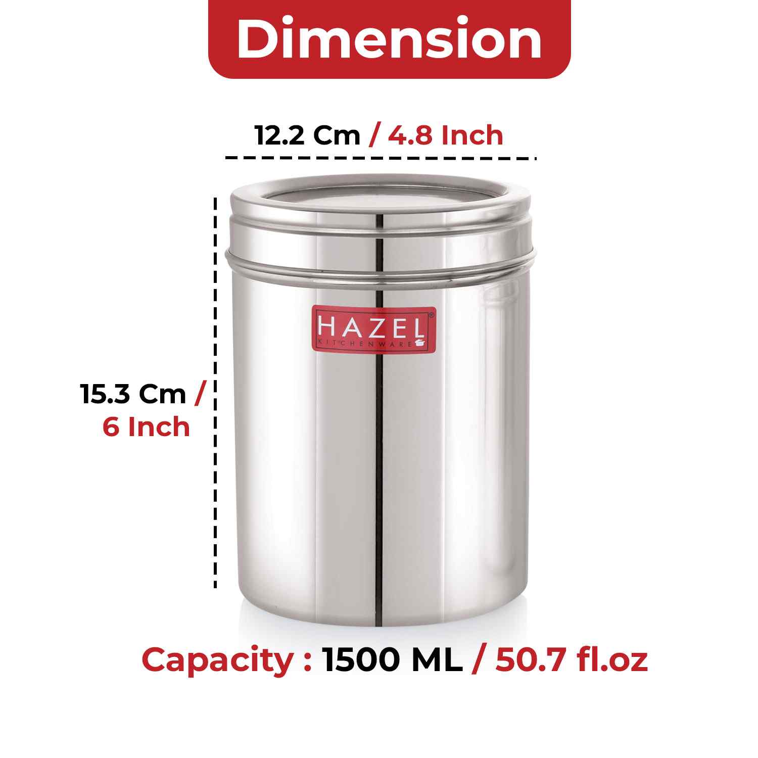 HAZEL Stainless Steel Kitchen Container with Transparent Lid | Top See Through Kitchen Container Set with Matt Finish | Multipurpose Container for Kitchen Storage, 1600 ML