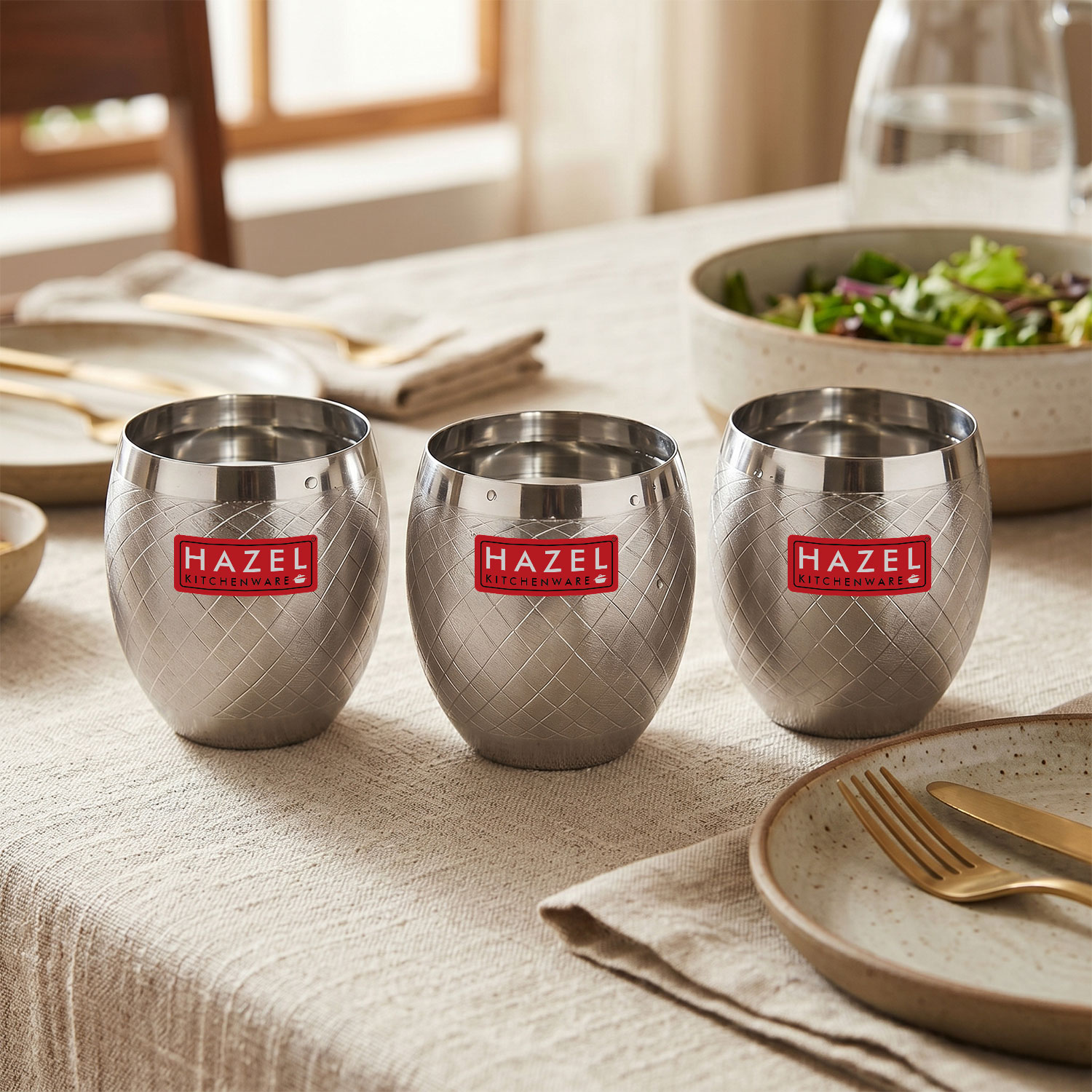 HAZEL Matt Finish Designer Stainless Steel Drinking Glasses 260 ml Set of 3 Pcs, Silver