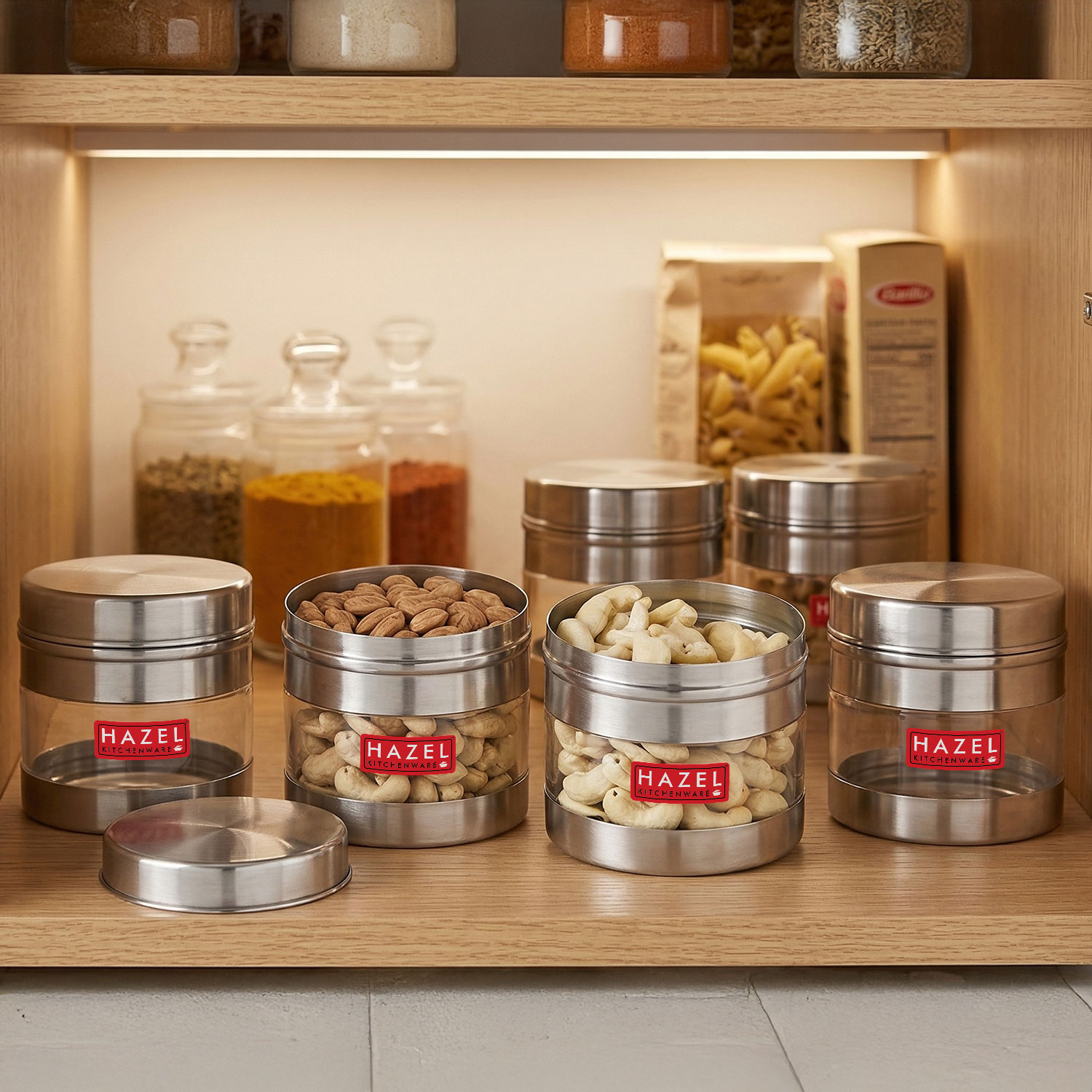 HAZEL Stainless Steel Transparent See Through Container Set of 6, Silver, 350 ML Each