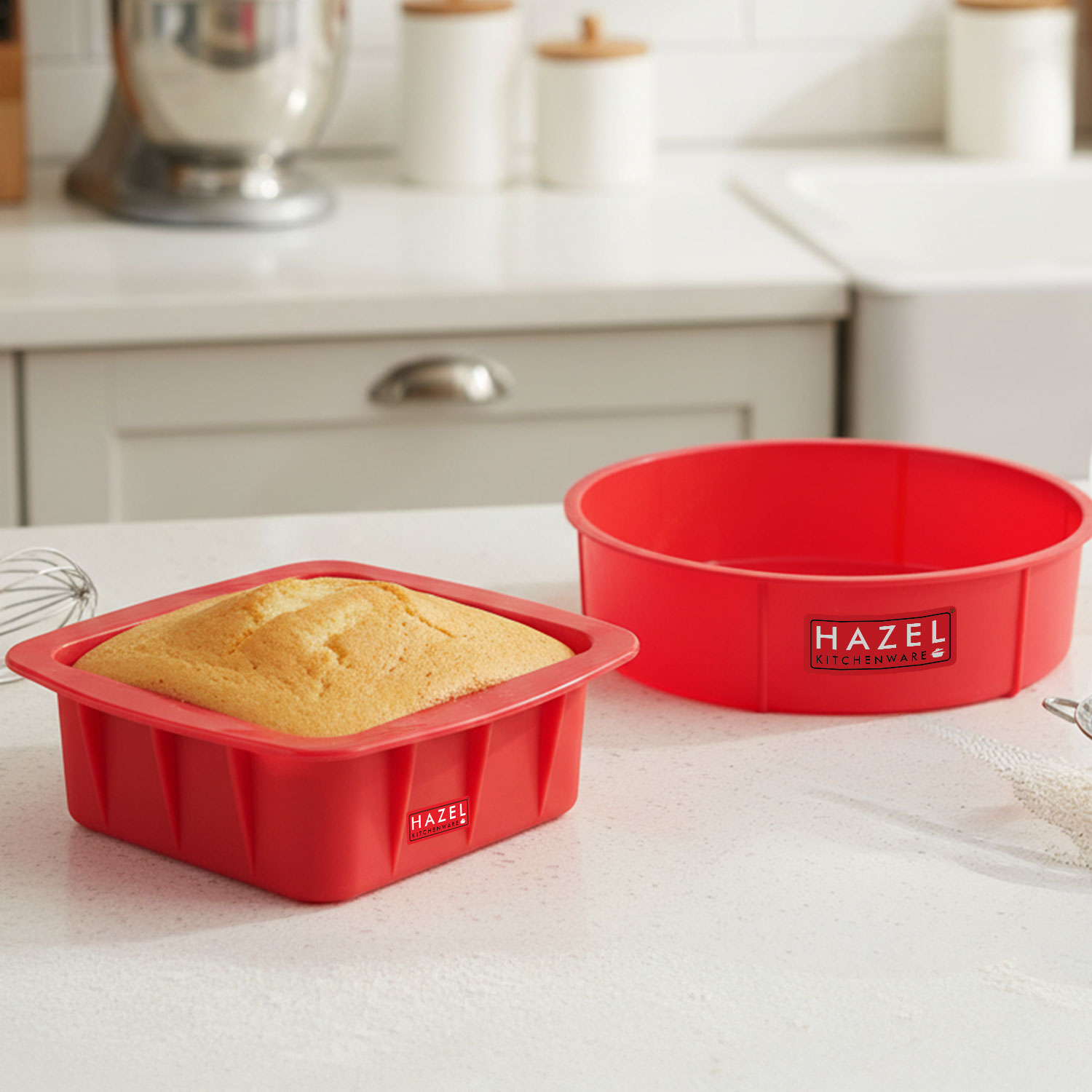 HAZEL Small Silicon Square and Round Shape Cake Mould for Half Kg, 2 Pcs, Red