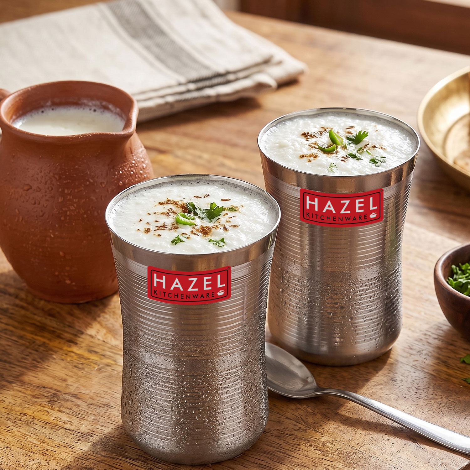 HAZEL Stainless Steel Damru Shape Jumbo Water Lassi Glass Set of 2, 650 ML Each
