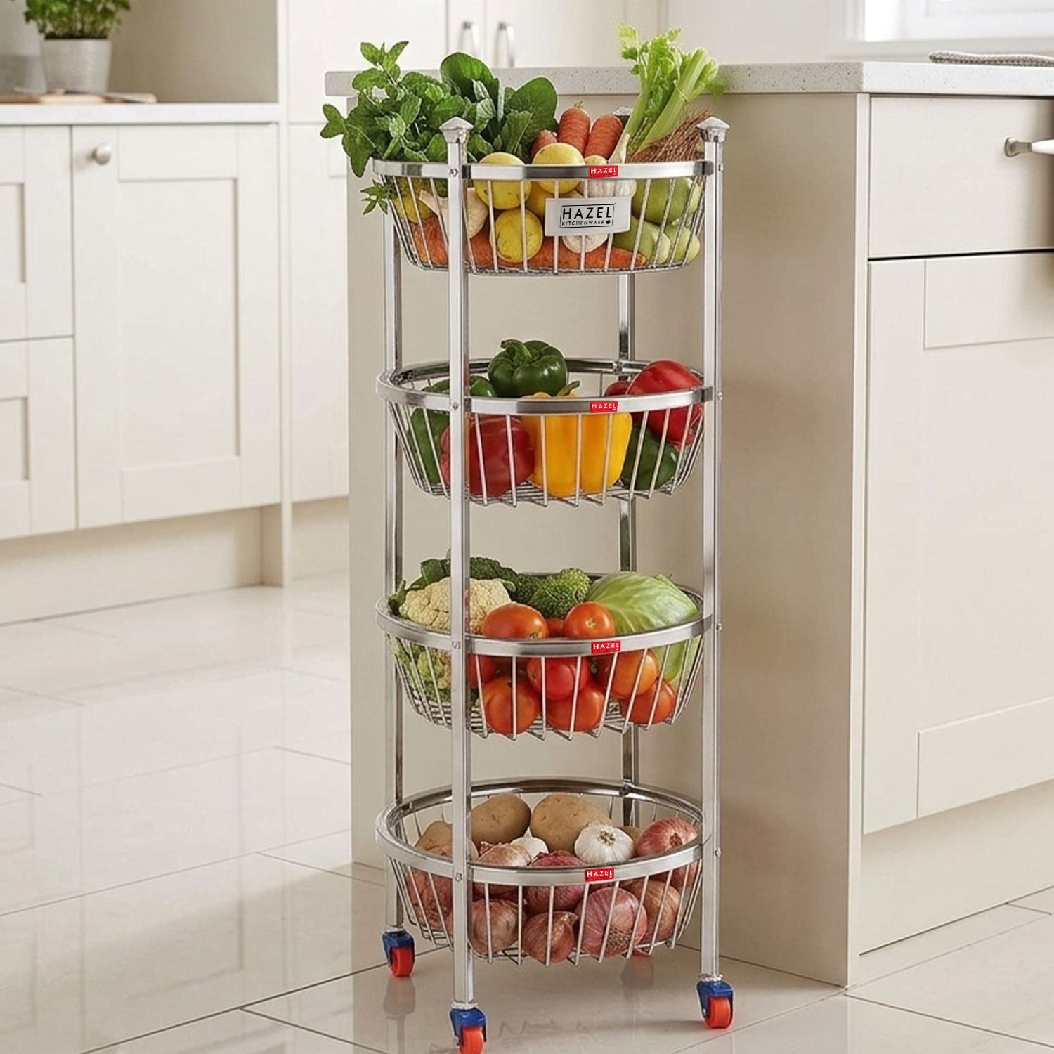 HAZEL Stainless Steel Fruit Vegetable Basket Kitchen Storage Trolley Rack Round Stand with Wheel, 4 Layer, 14.4 x 30.6 Inches