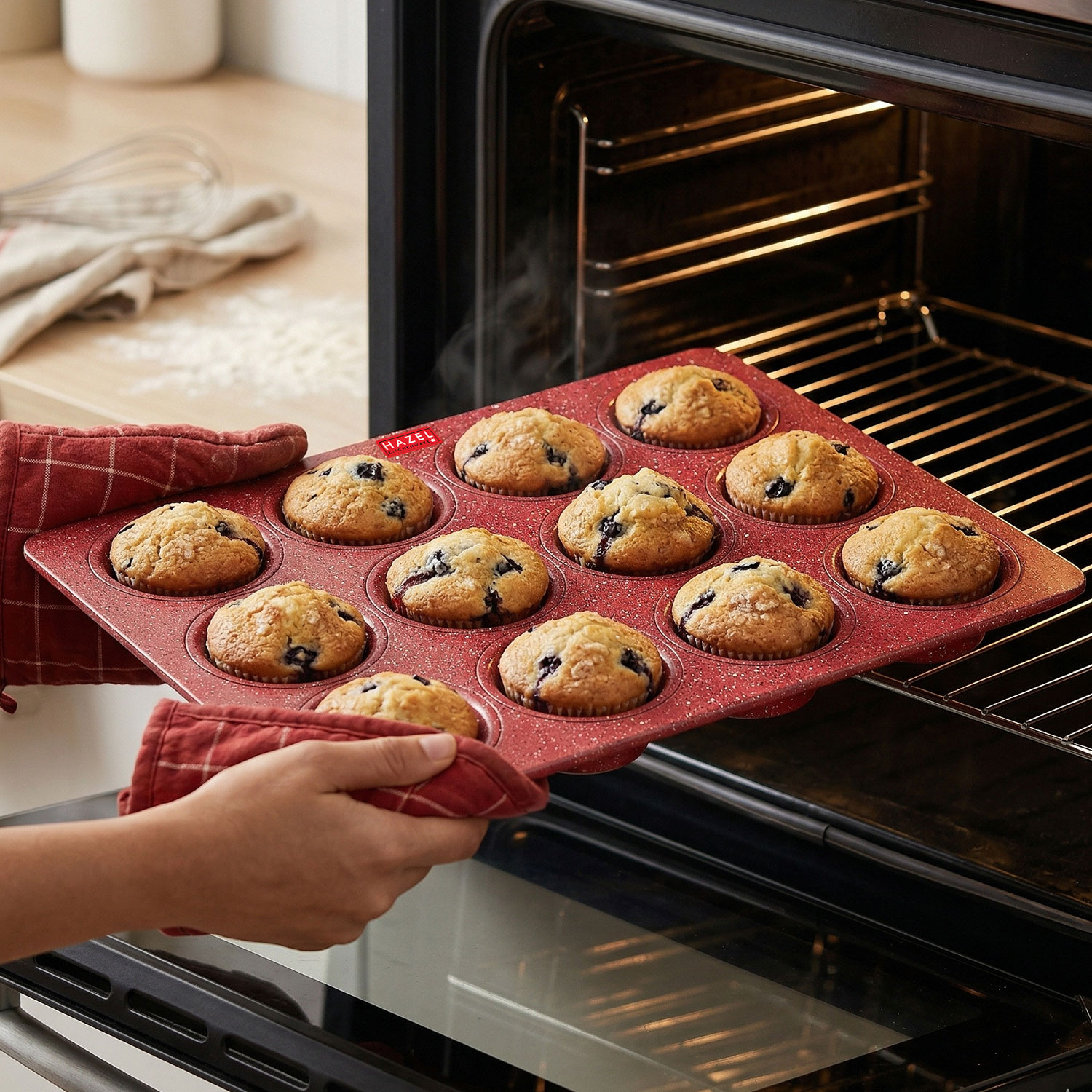 HAZEL Aluminium Cupcake Muffin Mould Microwave Safe 12 Cups Non Stick Granite Finish Mini Crown Muffin Pan Chocolate Baking Tray for House and Bakery, Red