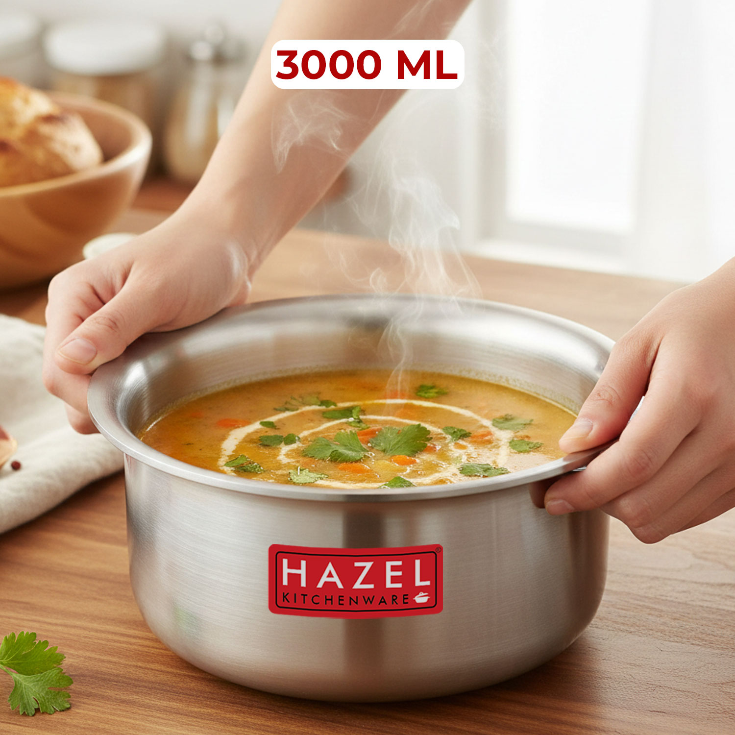 HAZEL Steel Copper Bottom Tope with Lid | Copper Bottom Vessels For Cooking |Copper Bottom Cooking Utensils | Stainless Steel Tope Patila, Capacity 3000 ml