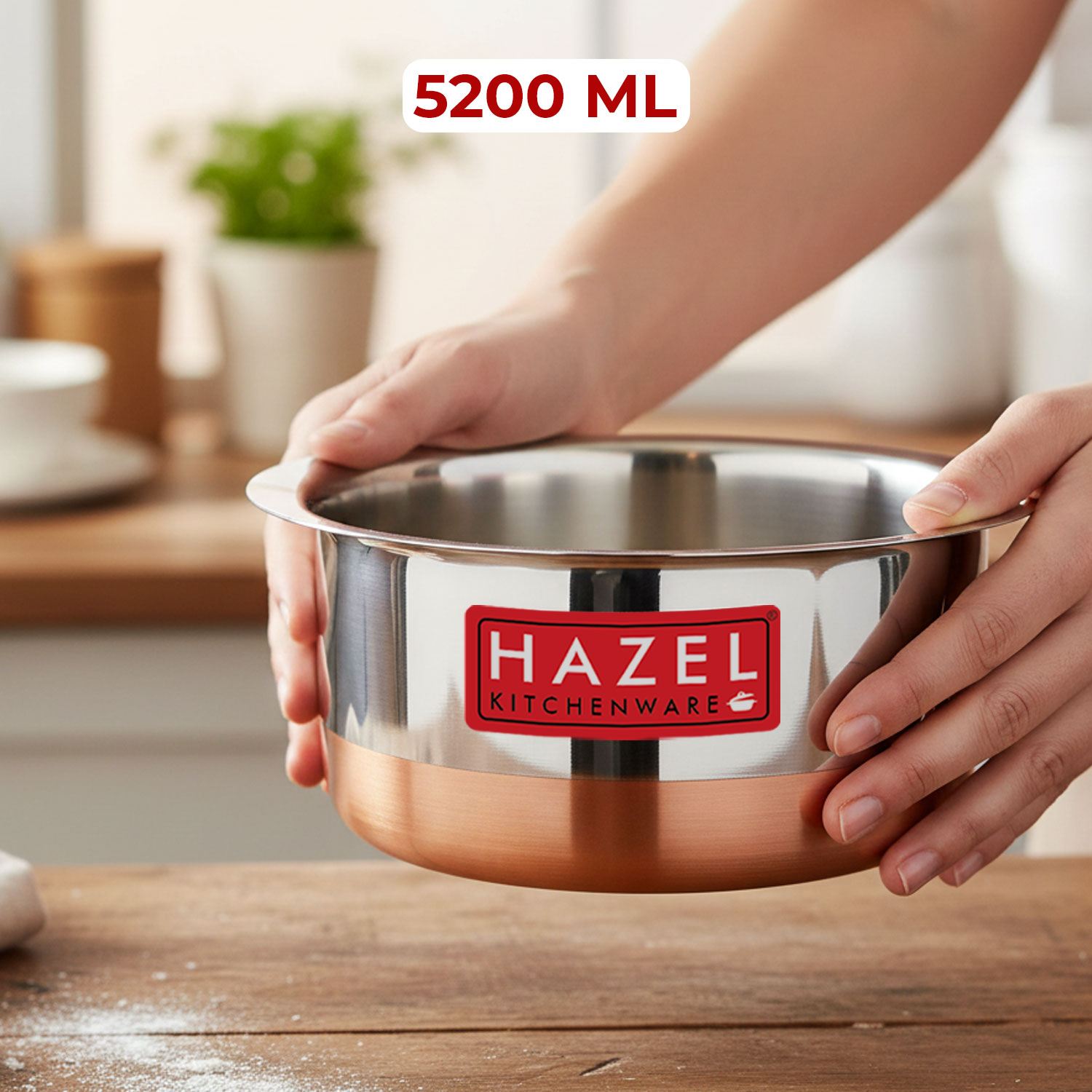HAZEL Steel Copper Bottom Tope with Lid | Copper Bottom Vessels For Cooking |Copper Bottom Cooking Utensils | Stainless Steel Tope Patila, Capacity 5200 ml - Set of 2