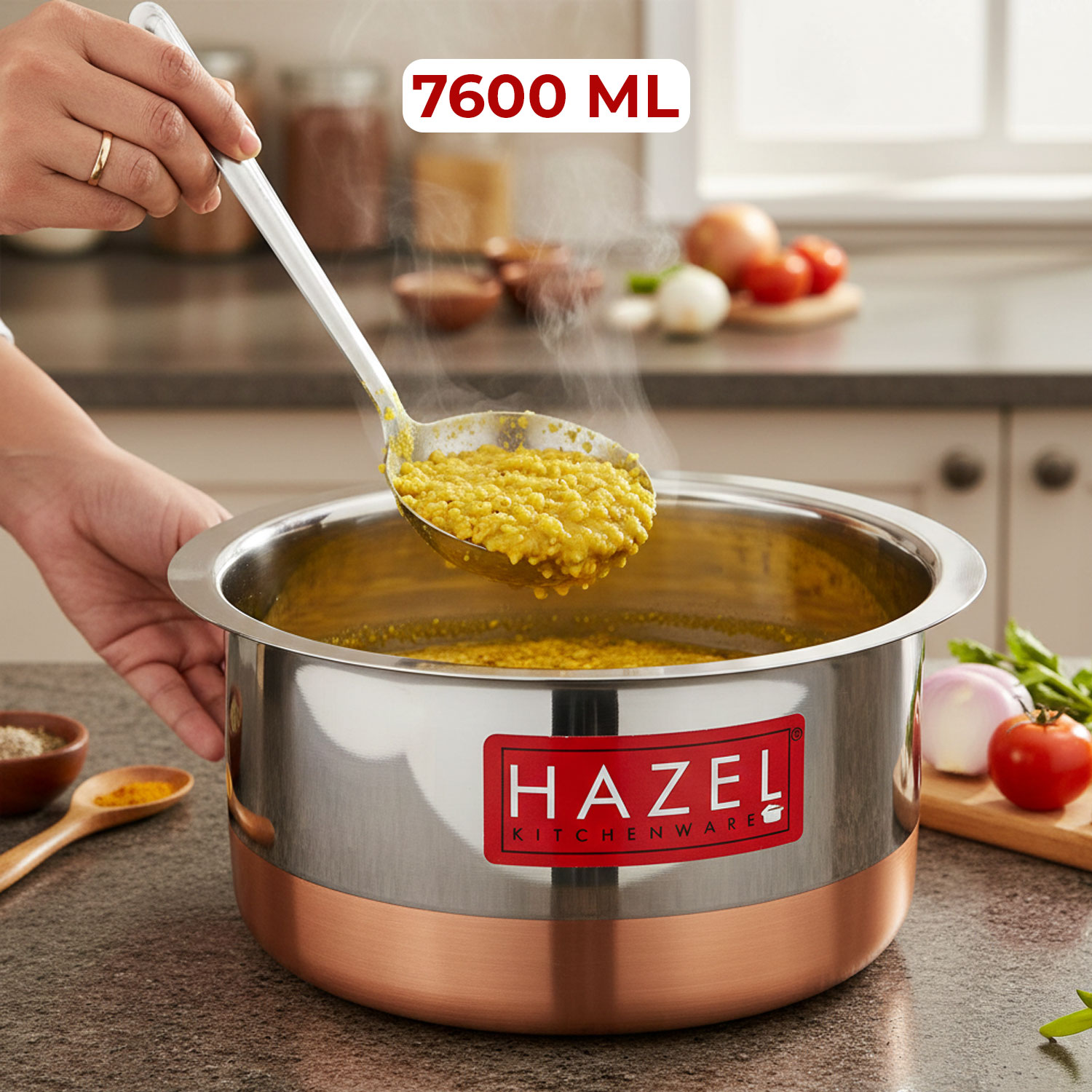 HAZEL Steel Copper Bottom Tope with Lid | Copper Bottom Vessels For Cooking |Copper Bottom Cooking Utensils | Stainless Steel Tope Patila, Capacity 7600 ml
