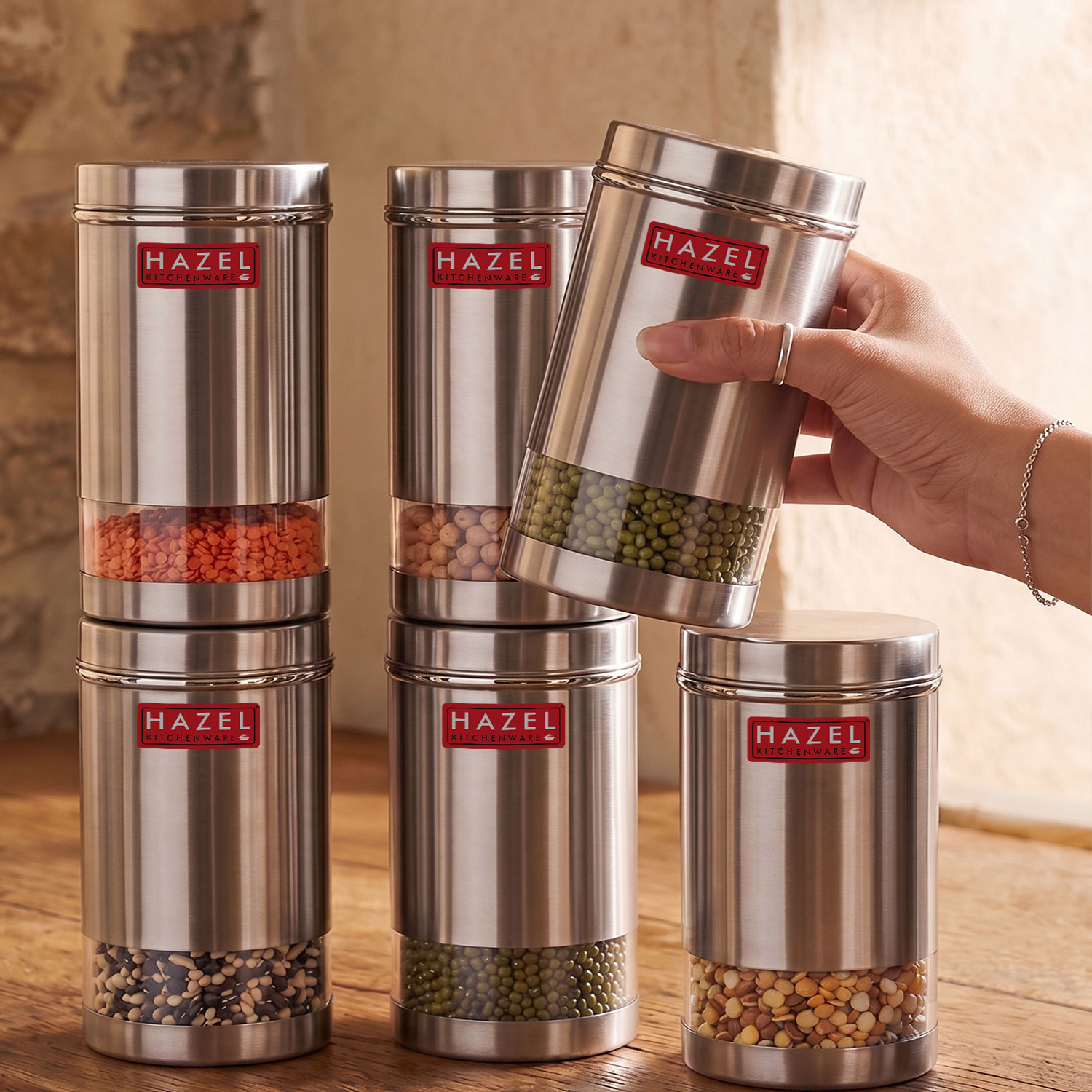 HAZEL Stainless Steel Kitchen Container | Transparent Kitchen Container Set with Matt Finish | Multipurpose Container for Kitchen Storage | Set of 6, 1700 ml Each
