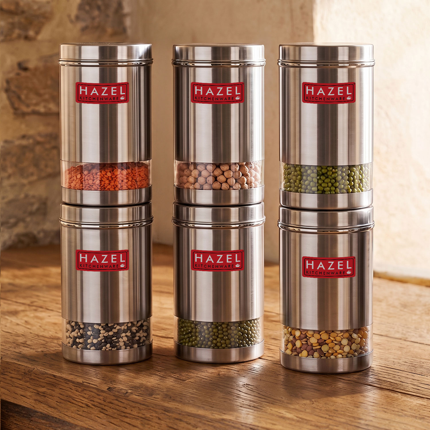 HAZEL Stainless Steel Kitchen Container | Transparent Kitchen Container Set with Matt Finish | Multipurpose Container for Kitchen Storage | Set of 6, 1700 ml Each