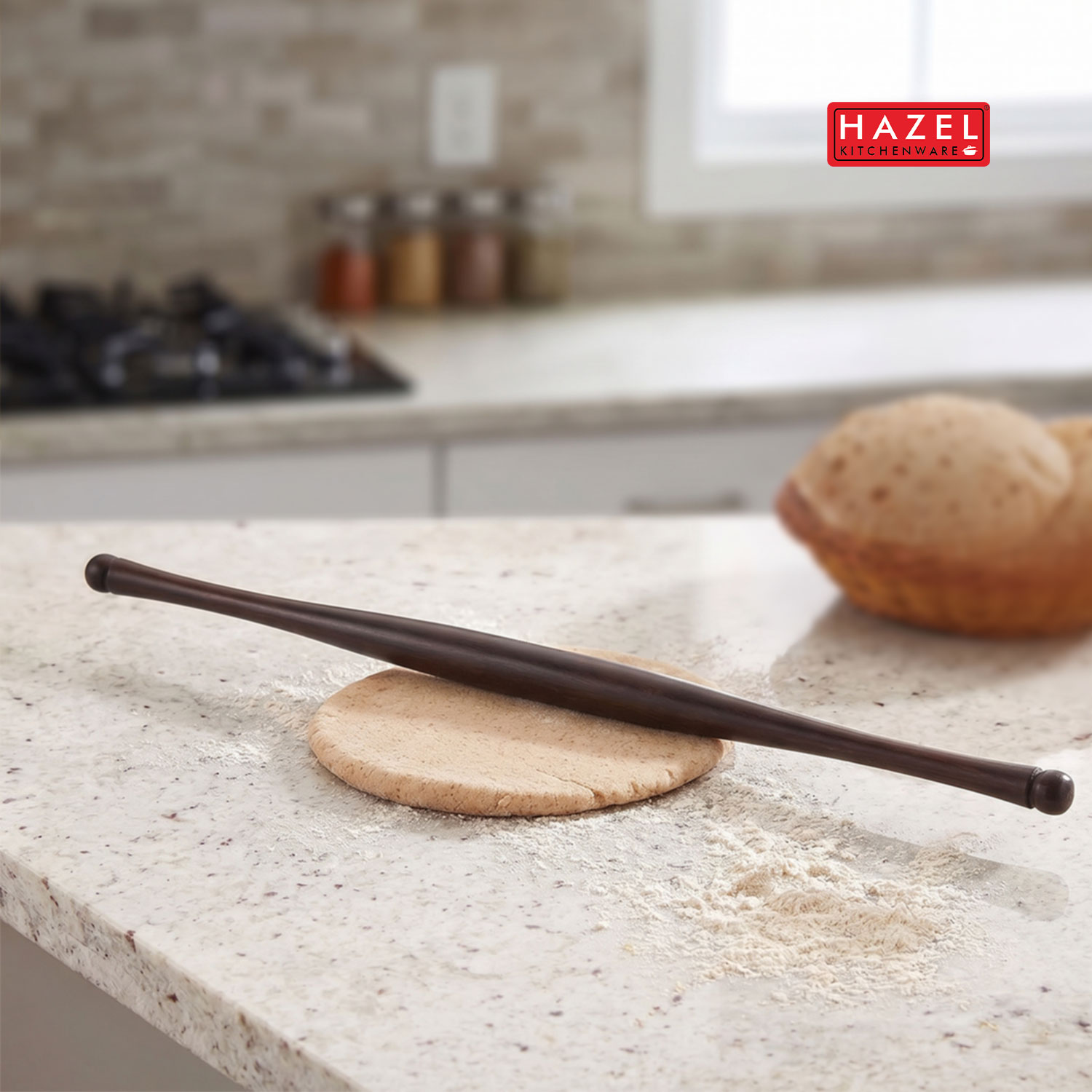 HAZEL Wooden Gujarati Roti Roller Belan Sesam, 42 Cm, Dark Brown, 1 Pc