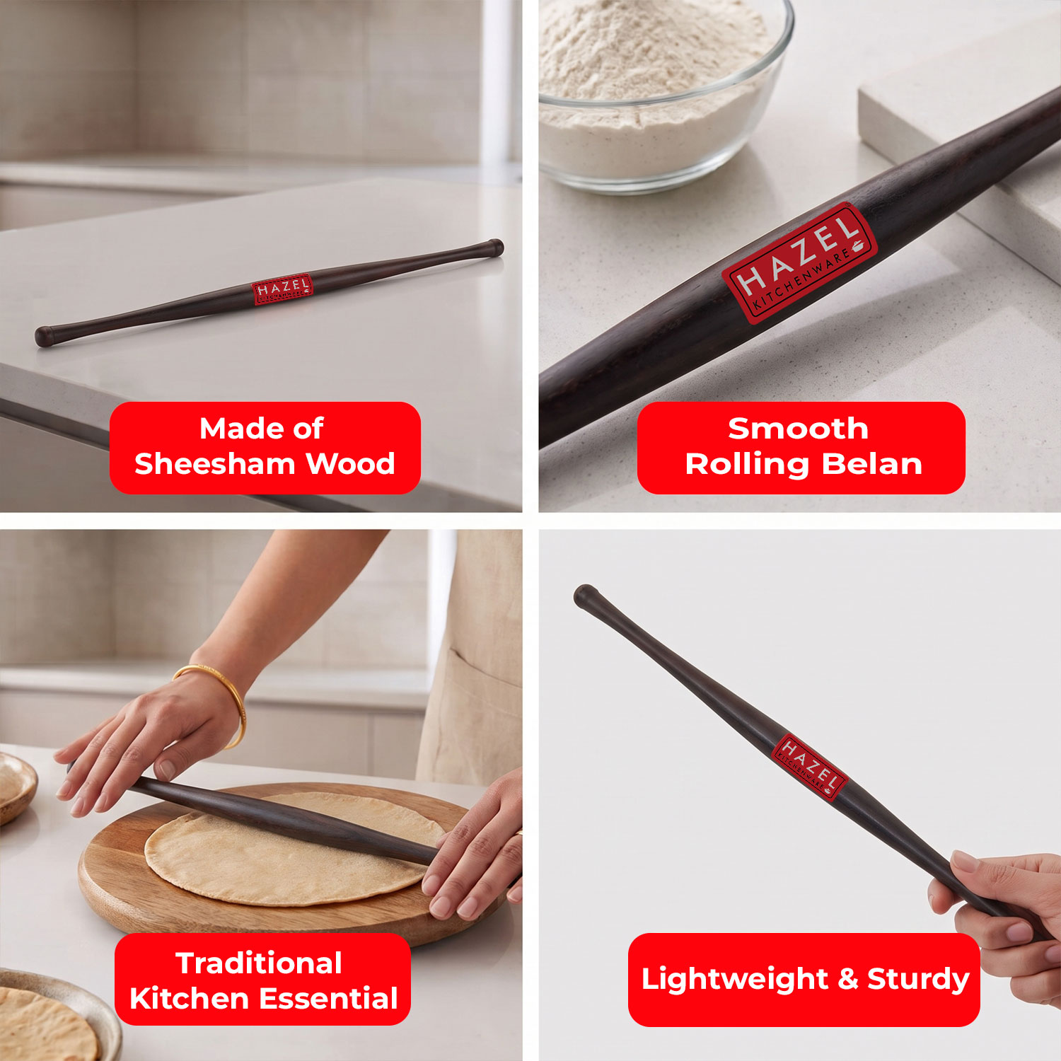 HAZEL Wooden Gujarati Roti Roller Belan Sesam, 42 Cm, Dark Brown, 1 Pc