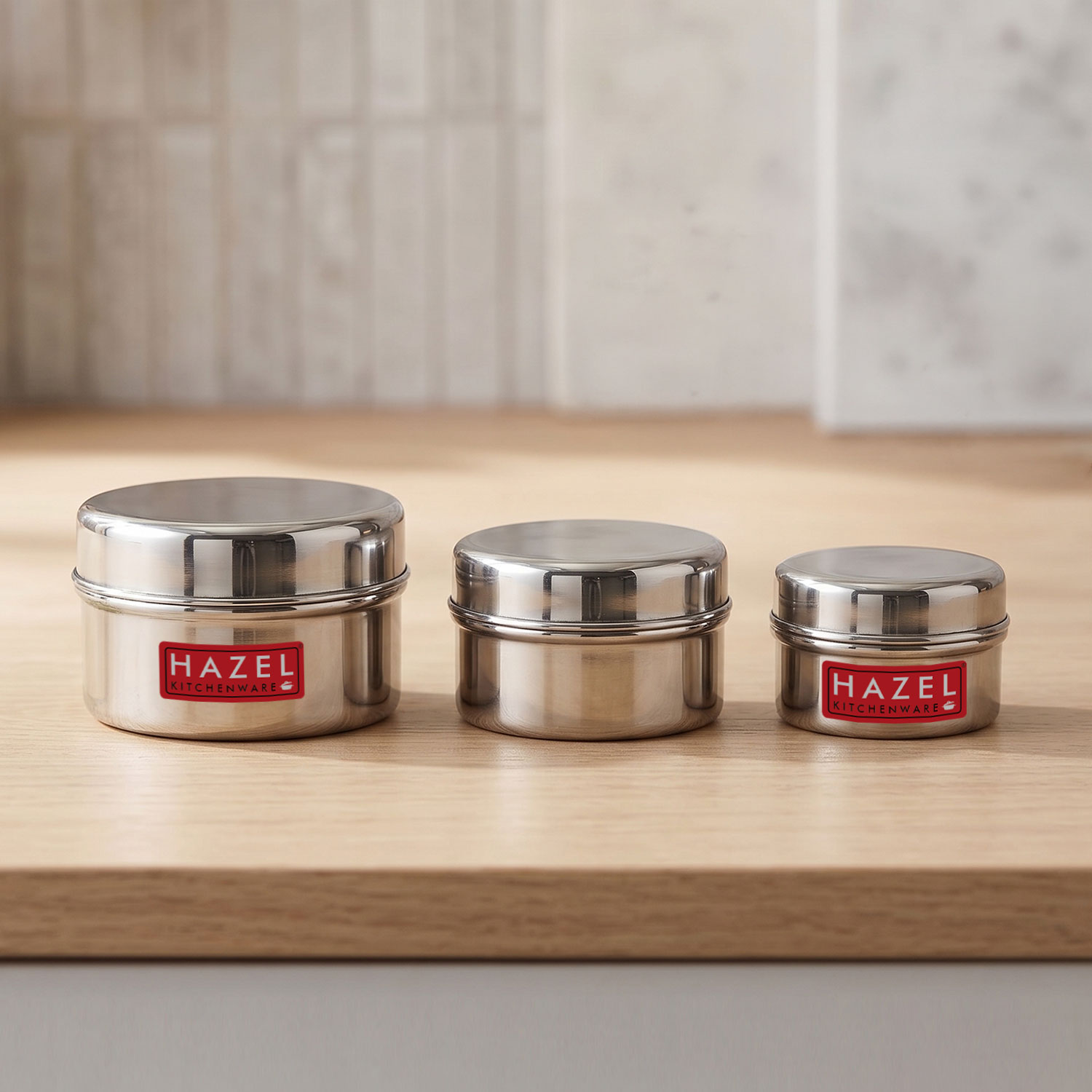 HAZEL Stainless Steel Kitchen Containers Set of 3 with Glossy Finish & Airtight Lid