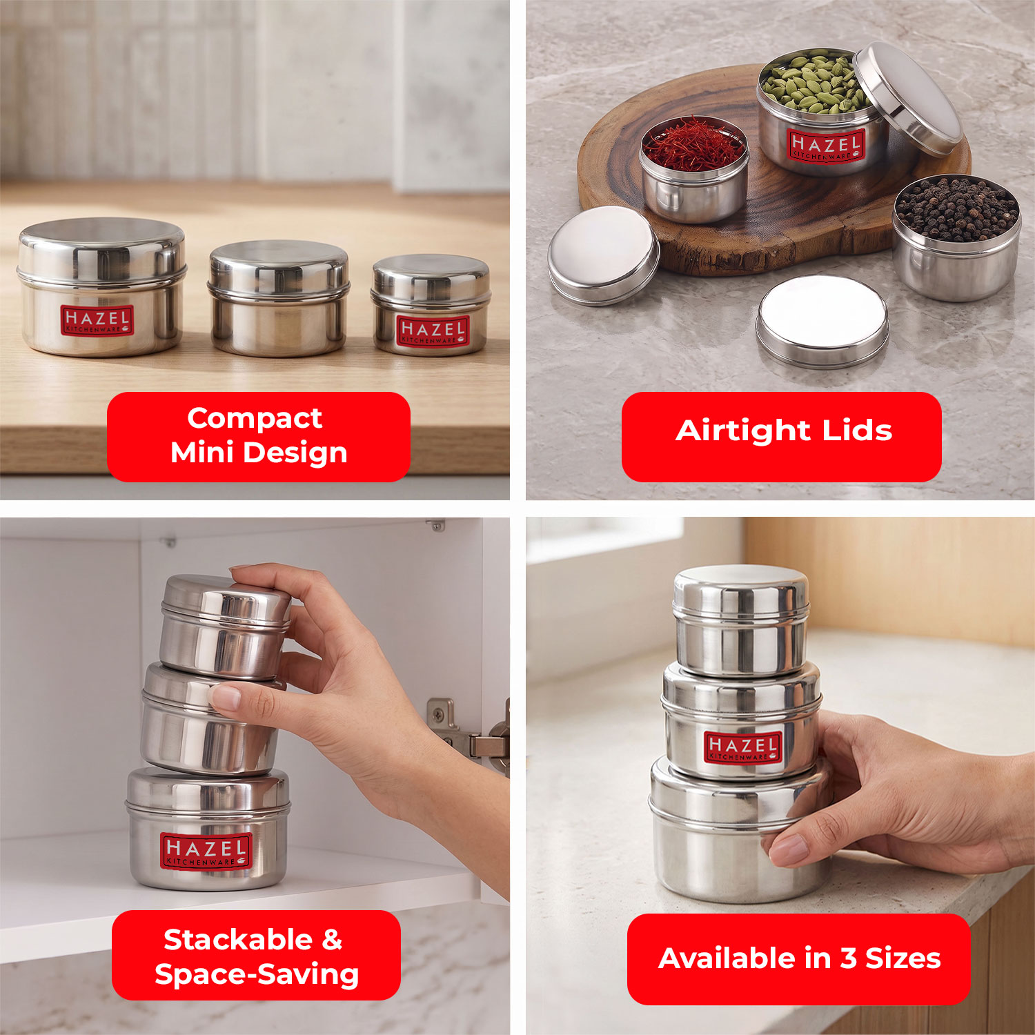 HAZEL Stainless Steel Kitchen Containers Set of 3 with Glossy Finish & Airtight Lid