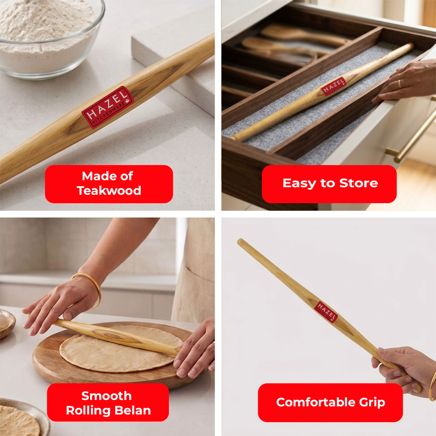 HAZEL Wooden Gujatari Roti Roller Belan, 36 Cm, Brown, 1 Pc…
