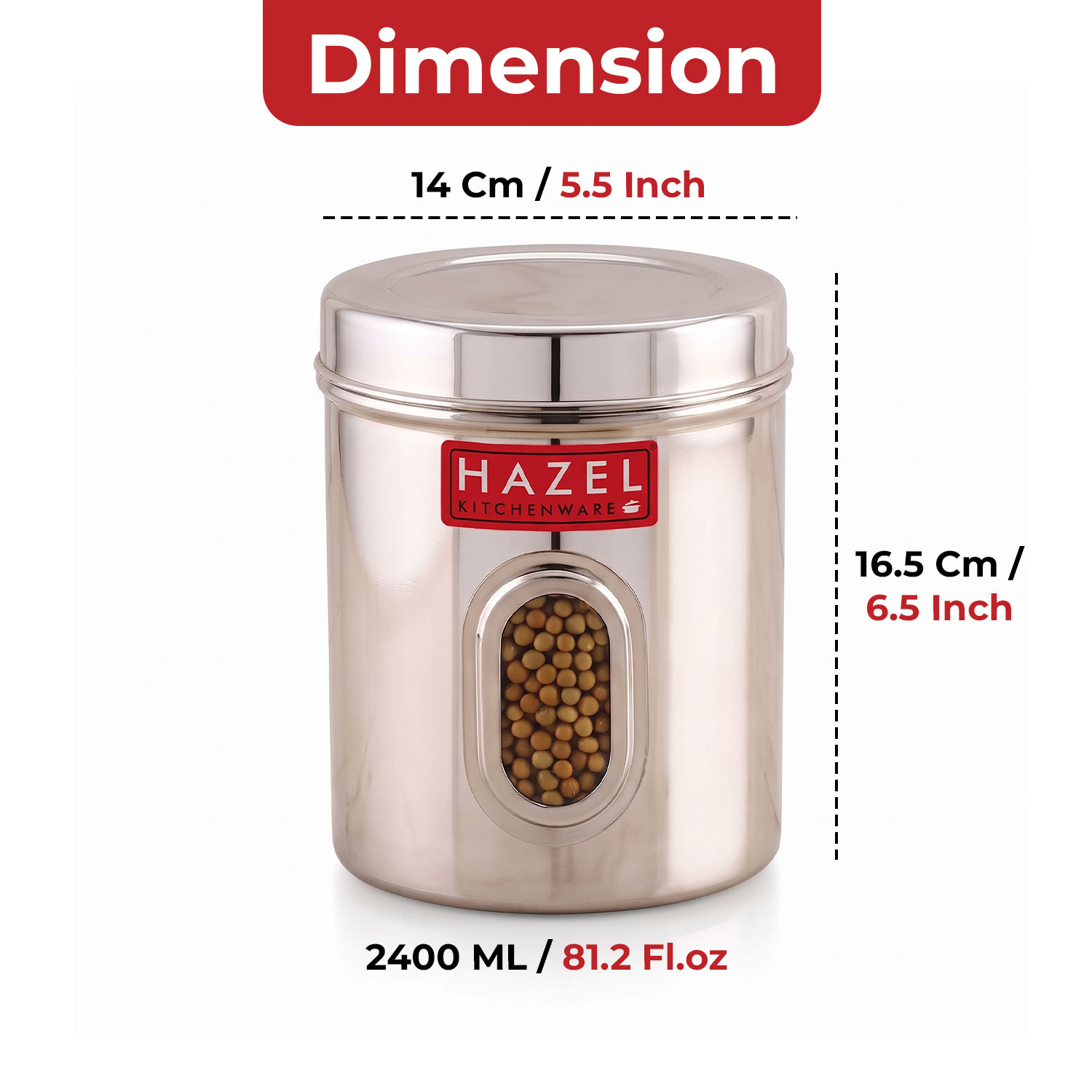 HAZEL Stainless Steel Transparent Kitchen Storage Containers with Air Tight Lid, 2400 ML