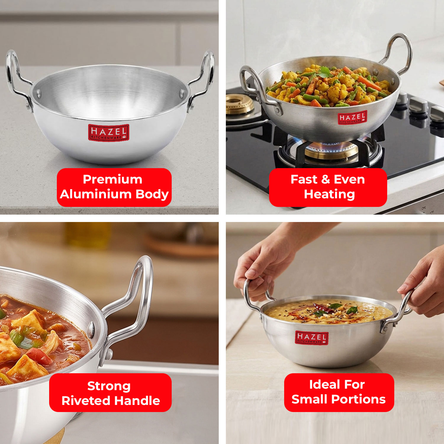 HAZEL 4mm Aluminium Kadhai with Handle | Aluminium Small Kadai