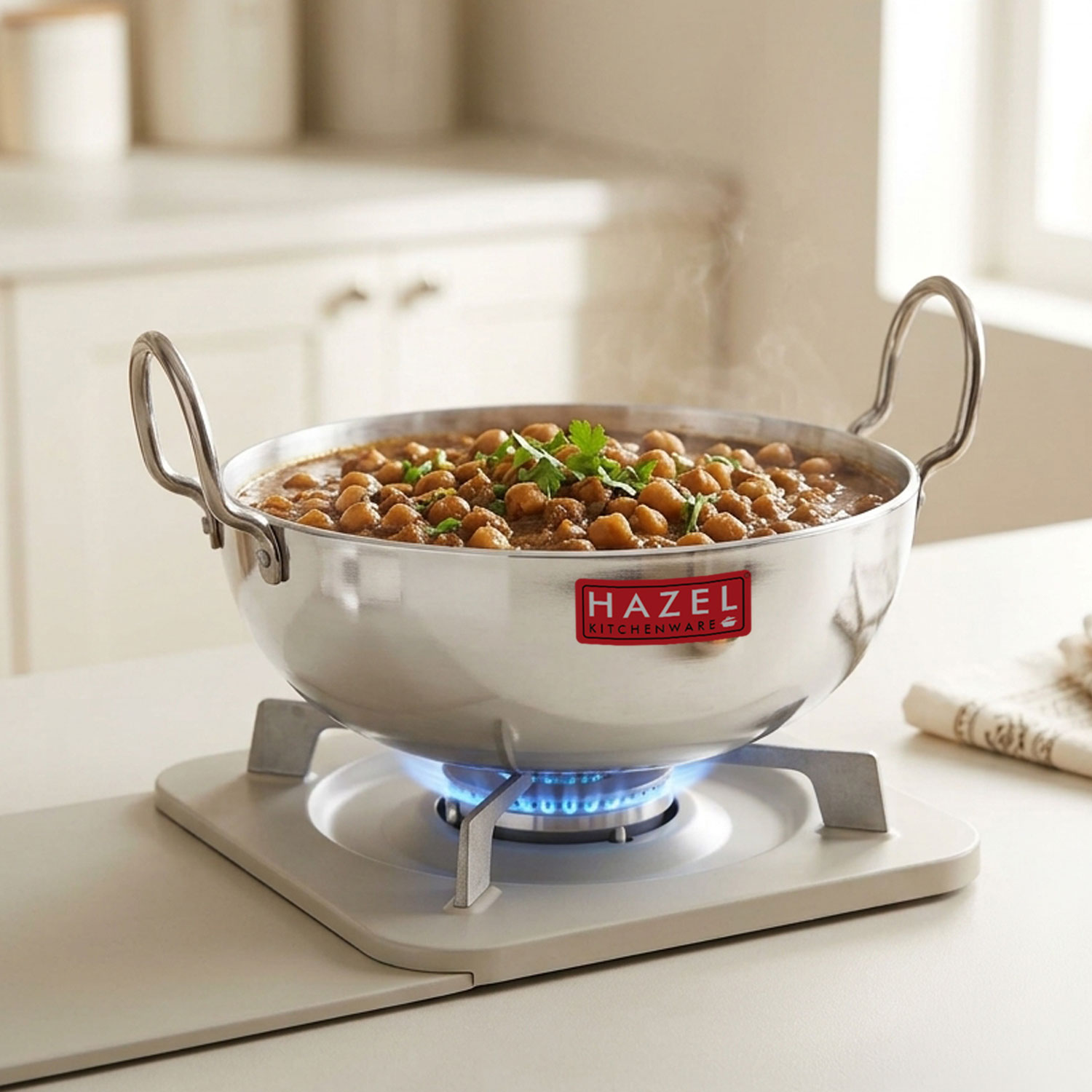 HAZEL 4mm Aluminium Kadhai with Handle | Aluminium Kadai Big Size , 3500 ml, Silver