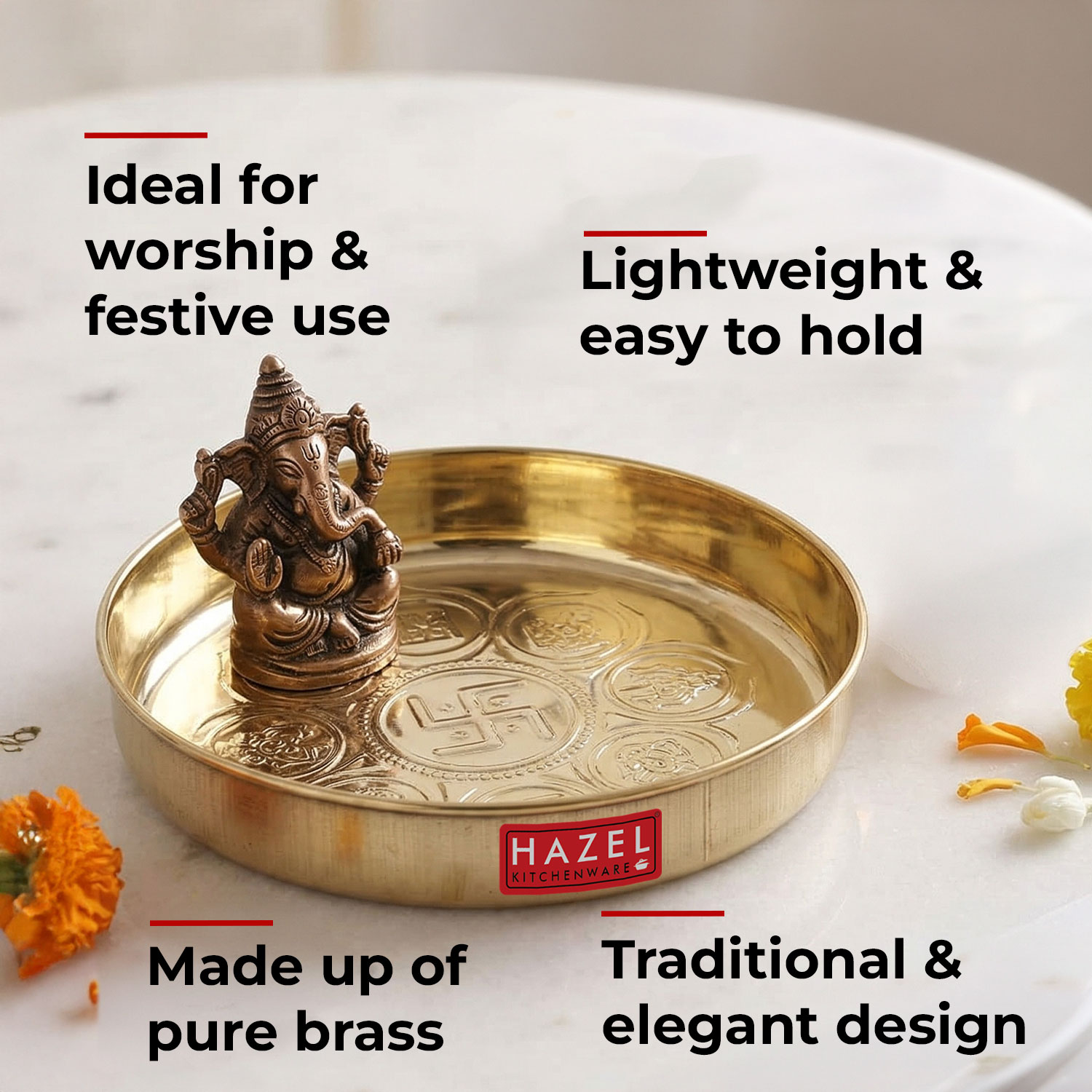 HAZEL Astmangal khuchi Brass Puja Pooja Aarti Golden Thali 12.5 cm, Golden