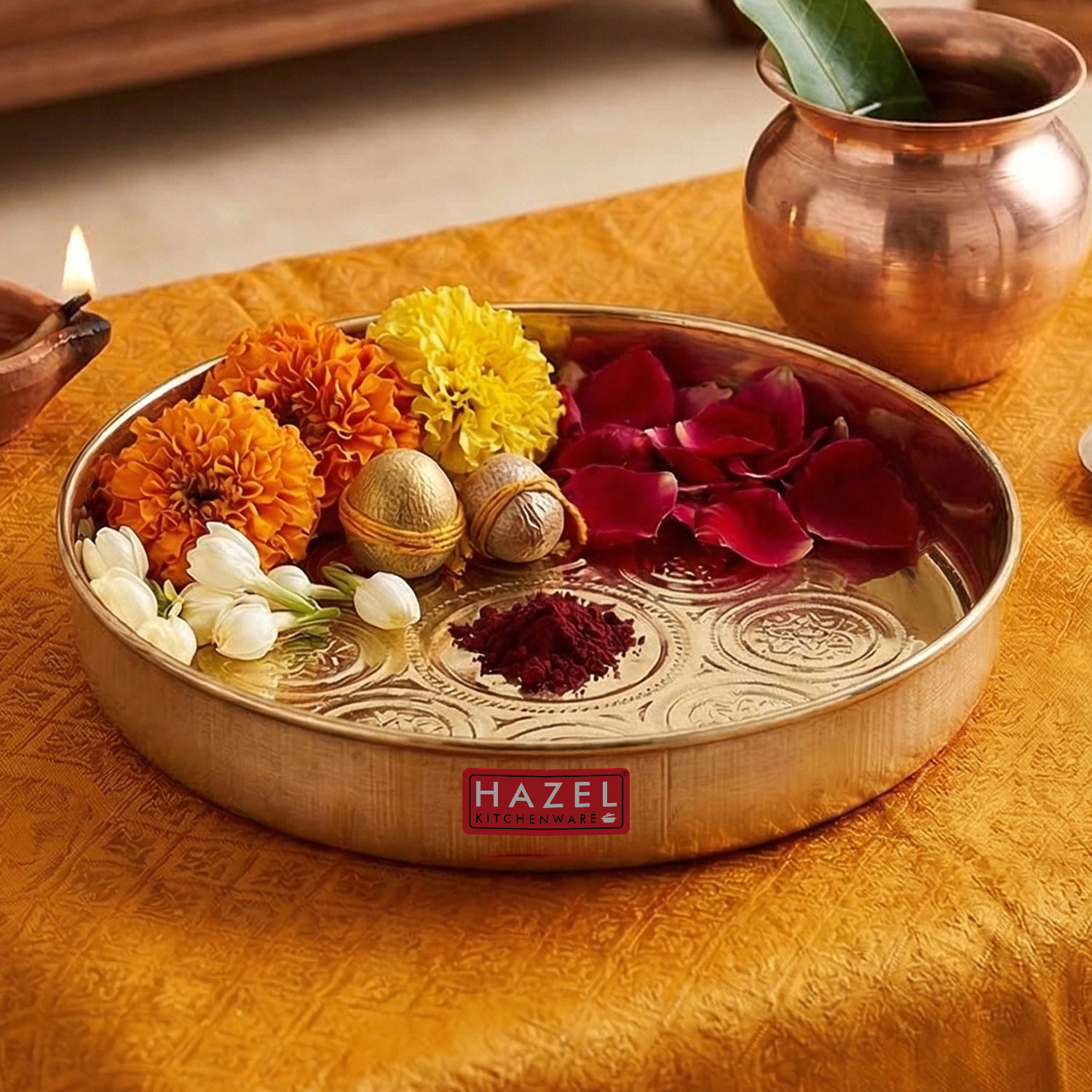 HAZEL Astmangal khuchi Brass Puja Pooja Aarti Golden Thali 12.5 cm, Golden