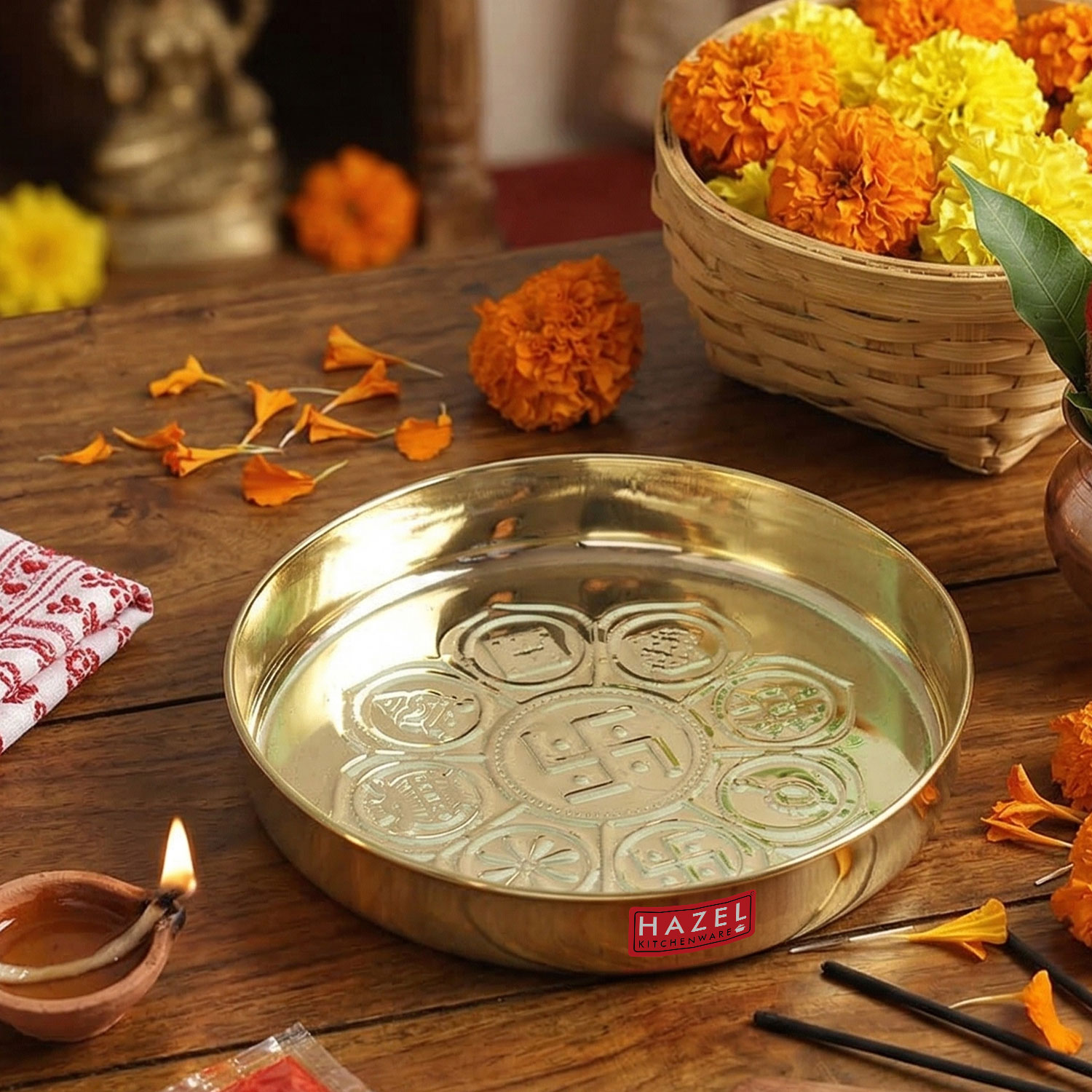 HAZEL Astmangal khuchi Brass Puja Pooja Aarti Golden Thali 12.5 cm, Golden