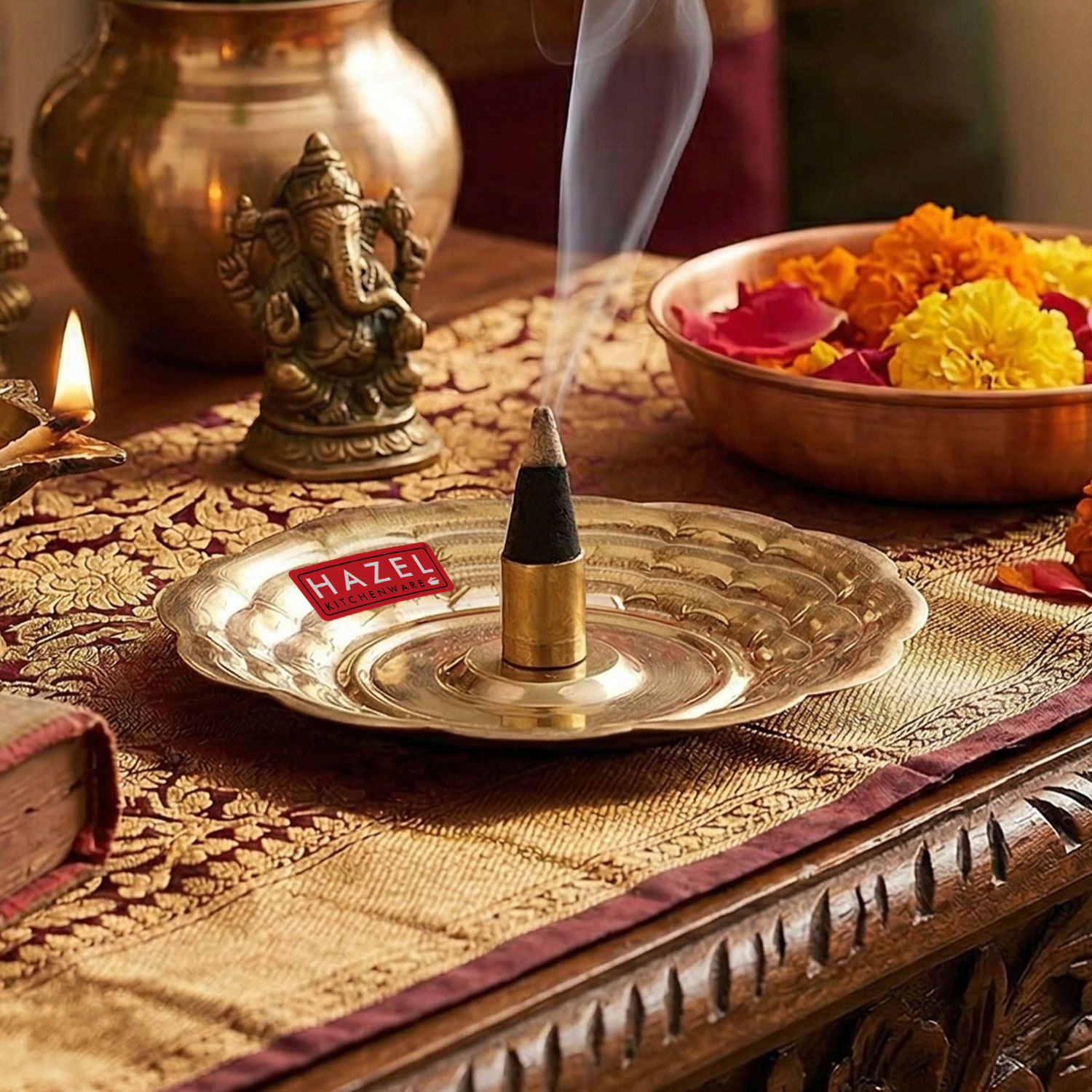 HAZEL Dhoop Stand For Puja | Brass Dhoop Batti Holder | Incense Stick Stand with Ash Catcher For Pooja | Dhup Stick Stand (8 x 1.5 cm)