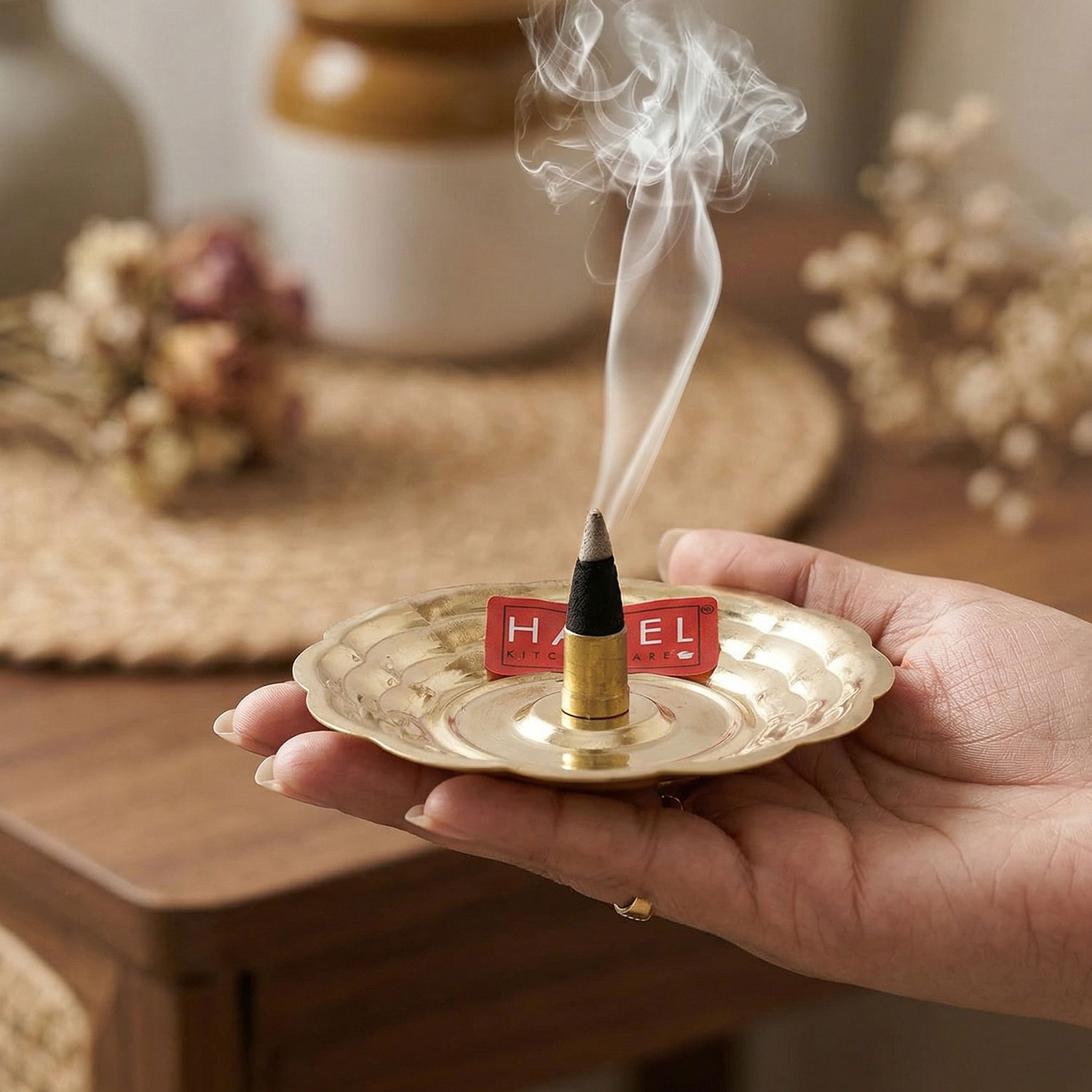 HAZEL Dhoop Stand For Puja | Brass Dhoop Batti Holder | Incense Stick Stand with Ash Catcher For Pooja | Dhup Stick Stand (8 x 1.5 cm)
