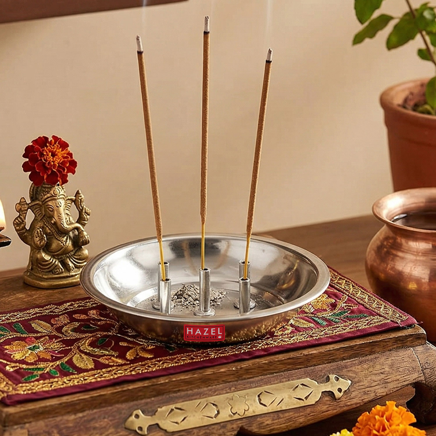 HAZEL Agarbatti Stand for Pooja | Incense Stick Holder | Agarbatti Stand with Ash Catcher With 5 Holes | Stainless Steel Udbatti Ghar Agardan for Puja (11 x 2 cm)
