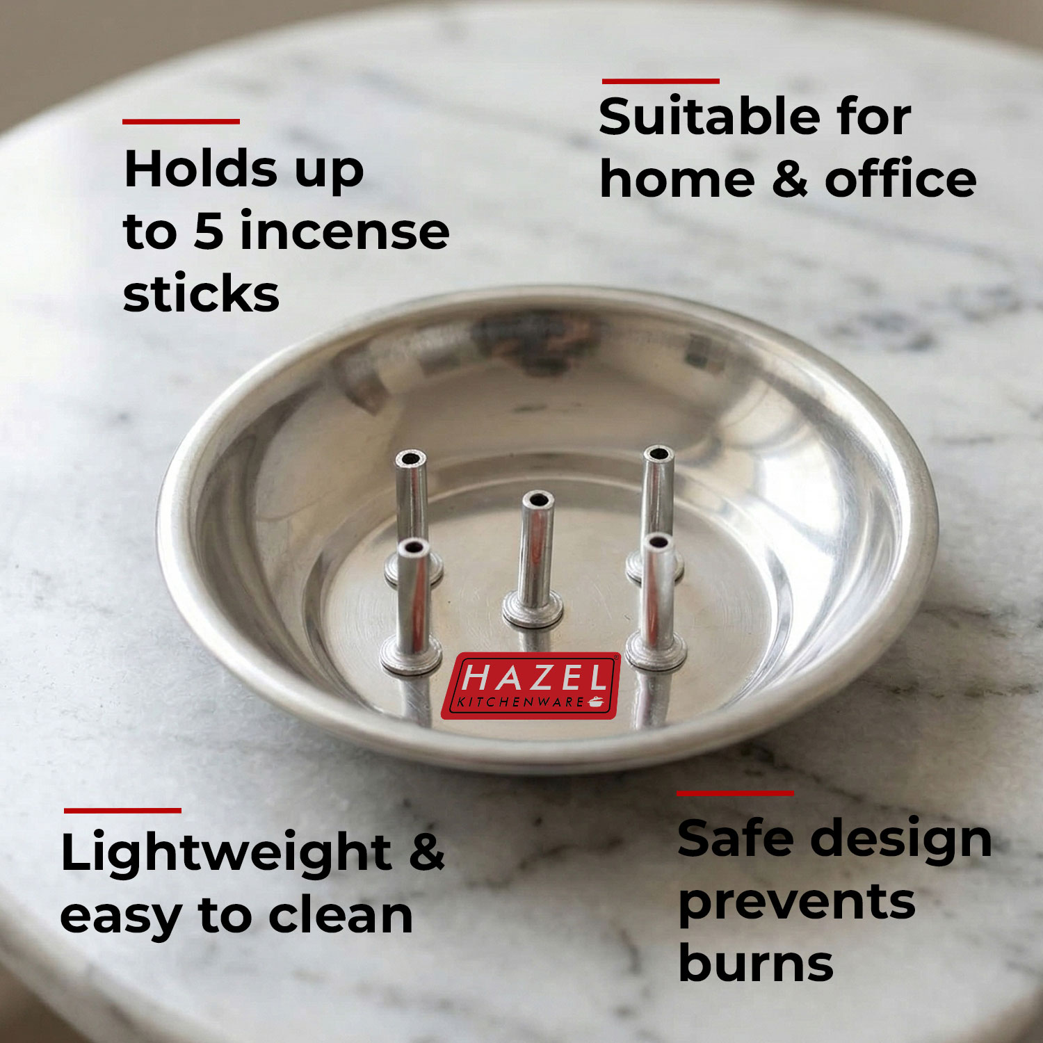 HAZEL Agarbatti Stand for Pooja | Incense Stick Holder | Agarbatti Stand with Ash Catcher With 5 Holes | Stainless Steel Udbatti Ghar Agardan for Puja (11 x 2 cm)