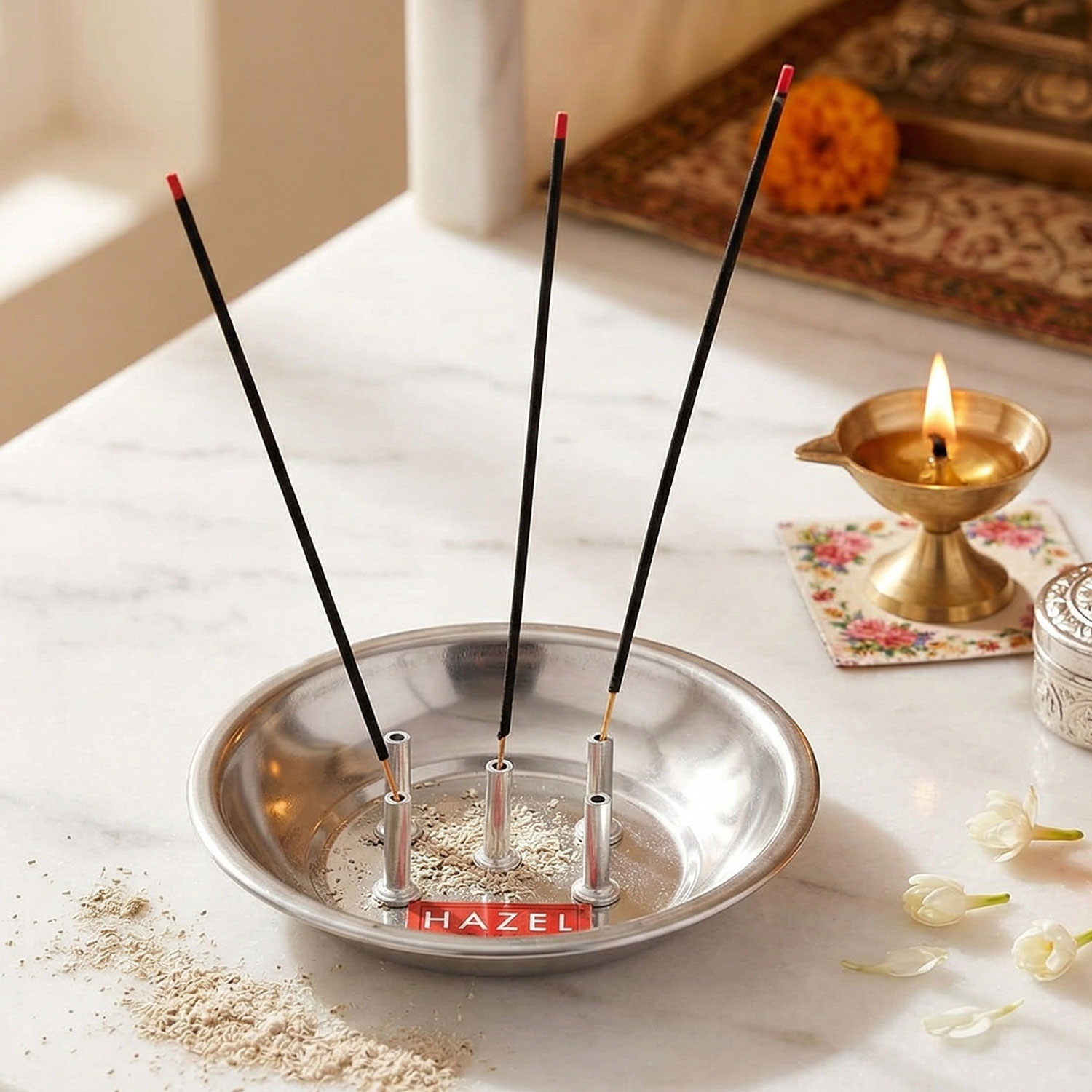 HAZEL Agarbatti Stand for Pooja | Incense Stick Holder | Agarbatti Stand with Ash Catcher With 5 Holes | Stainless Steel Udbatti Ghar Agardan for Puja (11 x 2 cm)