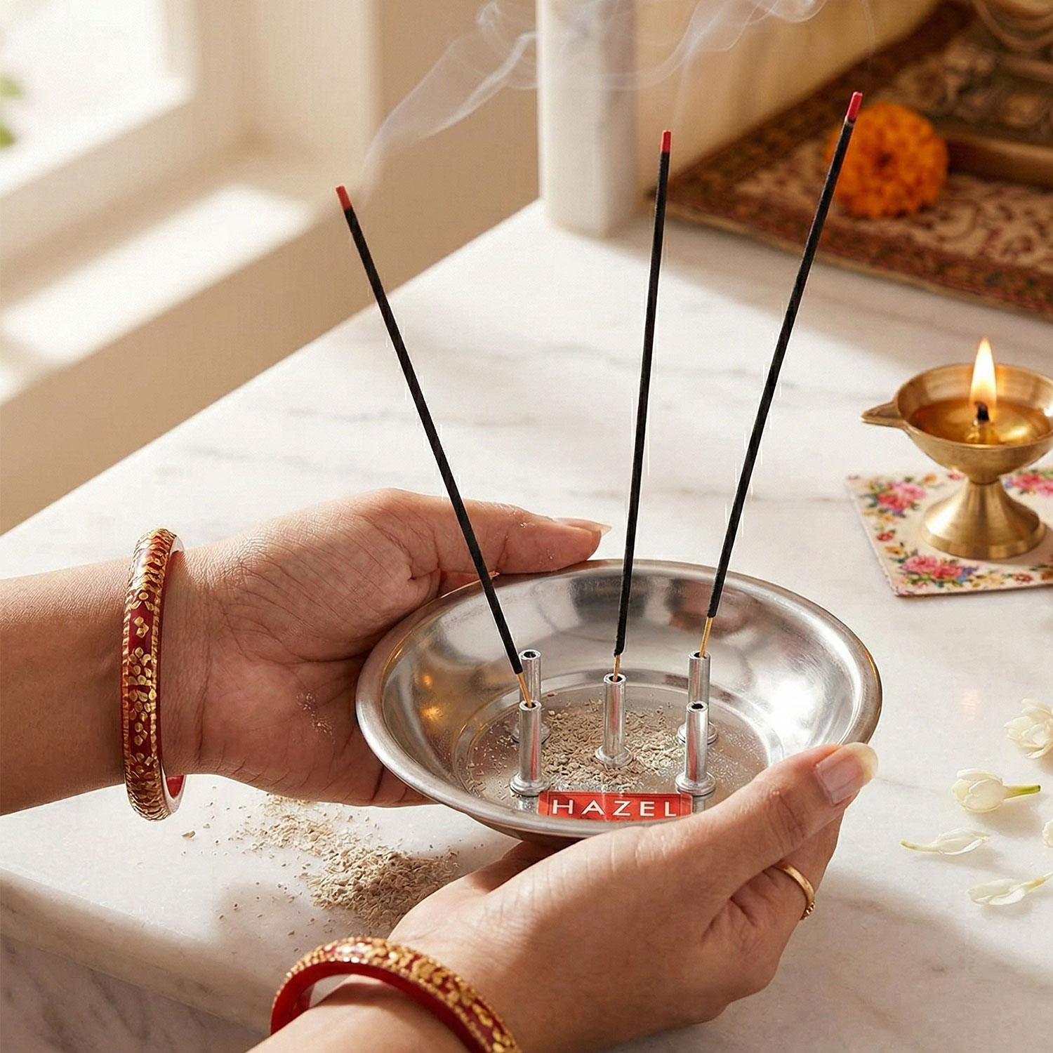 HAZEL Agarbatti Stand for Pooja | Incense Stick Holder | Agarbatti Stand with Ash Catcher With 5 Holes | Stainless Steel Udbatti Ghar Agardan for Puja (11 x 2 cm)