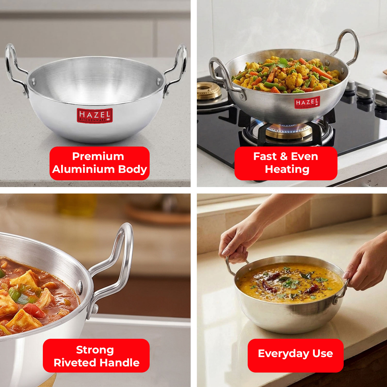HAZEL 4mm Aluminium Kadhai with Handle | Aluminium Kadai Big Size
