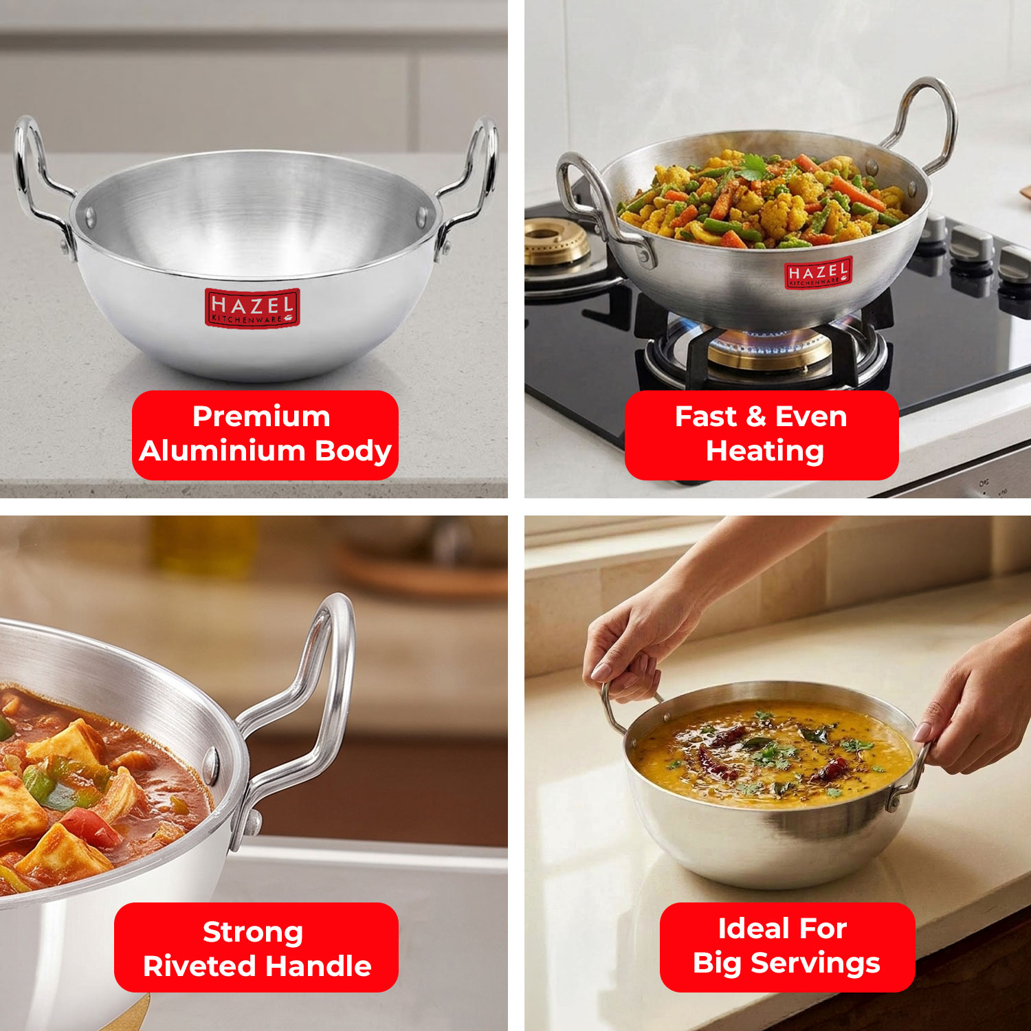 Hazel Aluminium Kadai for Cooking | 4 mm Kadhai Aluminium Big Size |Multipurpose Aluminium Kadai for Deep Frying, 6000 mL, Silver