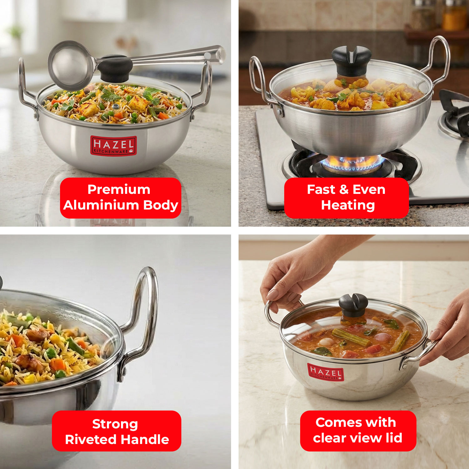 HAZEL 4 mm Aluminium Kadhai Kadai with Glass Lid | Vessels for Cooking Deep Frying Kadai, 3500 ML
