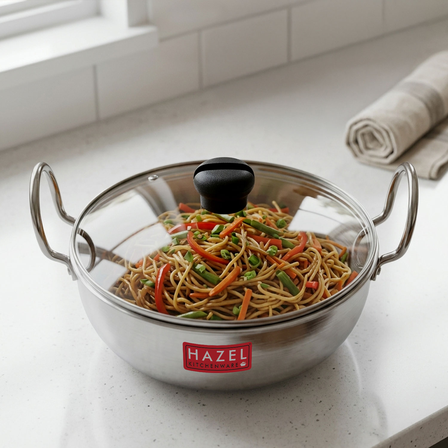 HAZEL 4 mm Aluminium Kadhai Kadai with Glass Lid | Vessels for Cooking Deep Frying Kadai, 3500 ML