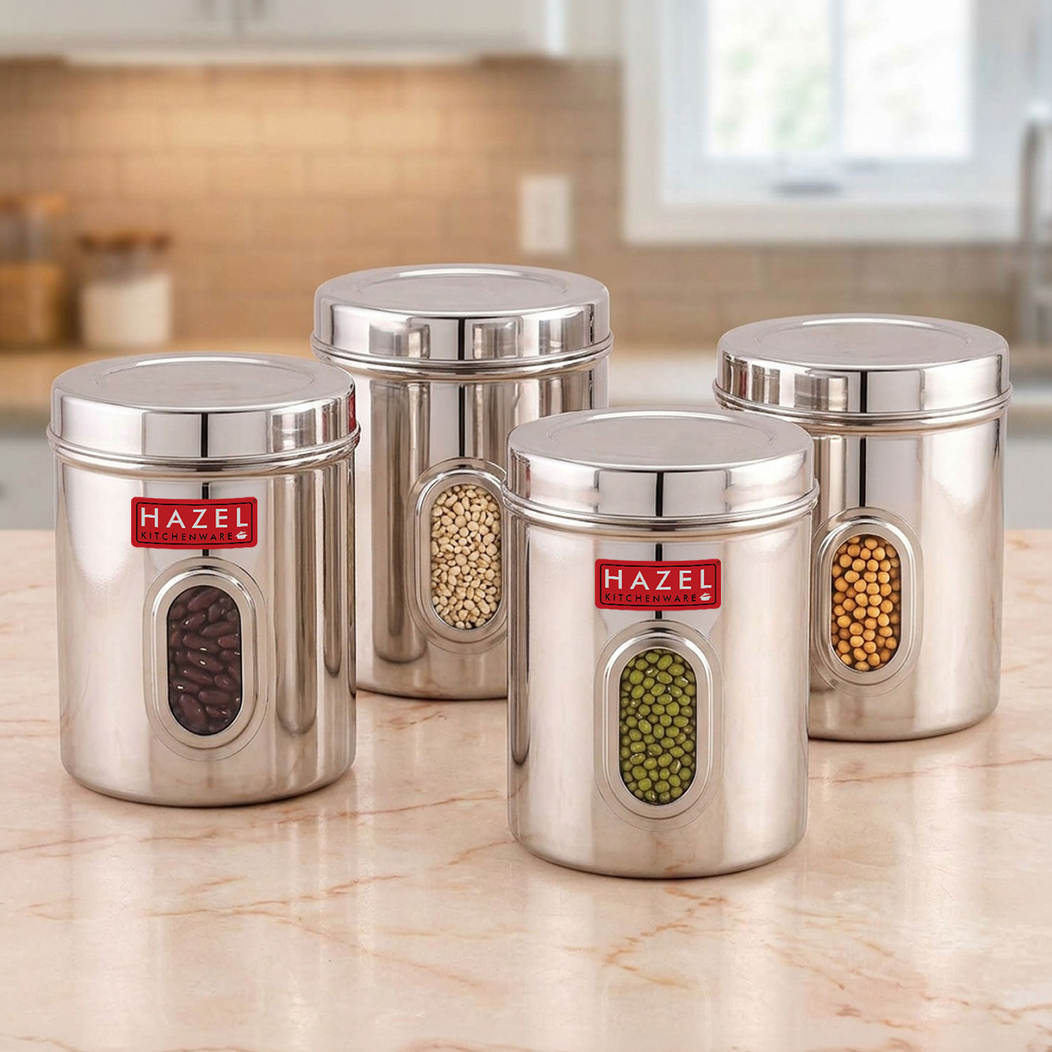 HAZEL Stainless Steel Transparent Kitchen Storage Containers with Air Tight Lid, 2400 ML, Set of 4