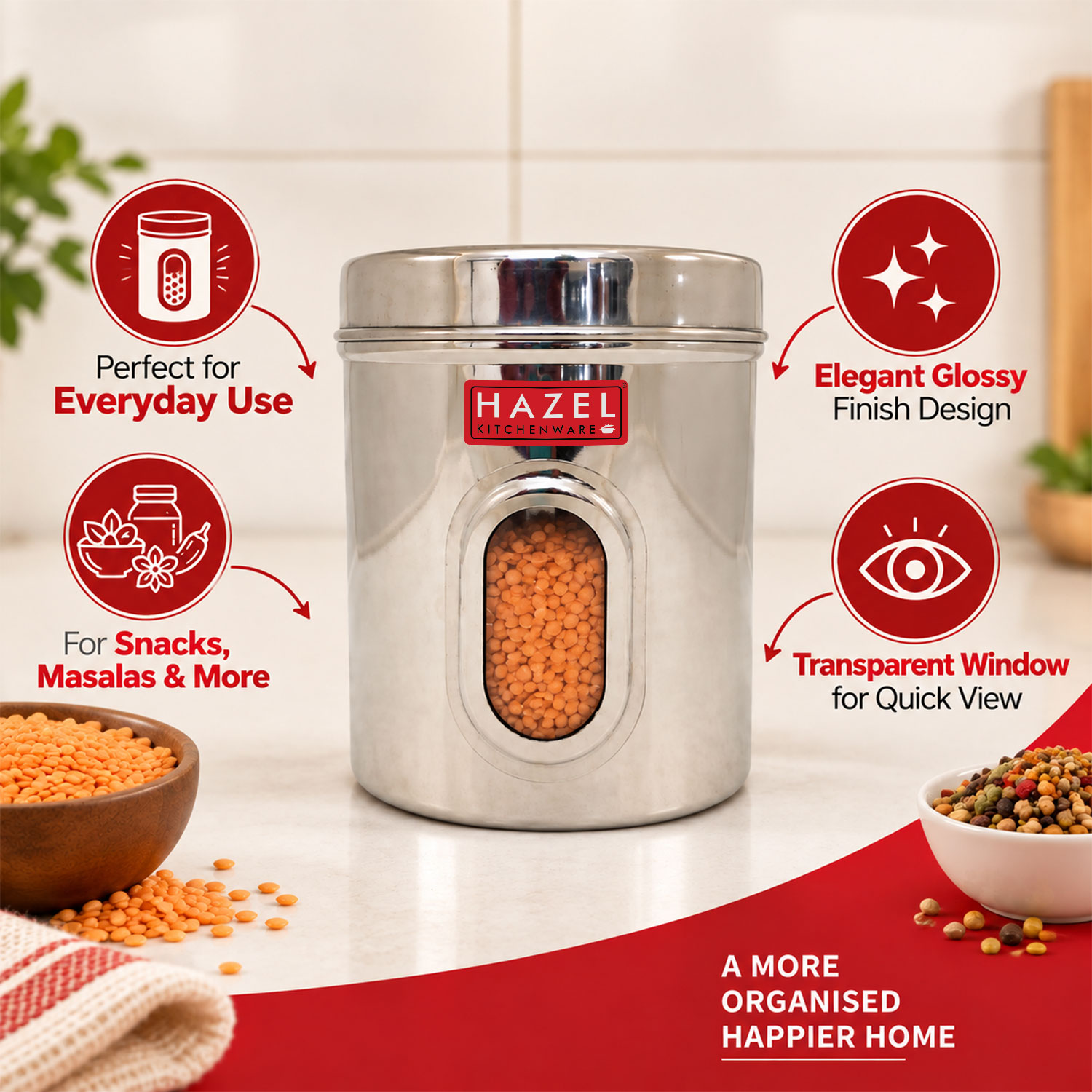 HAZEL Stainless Steel Transparent Kitchen Storage Containers with Air Tight Lid, 2400 ML, Set of 4
