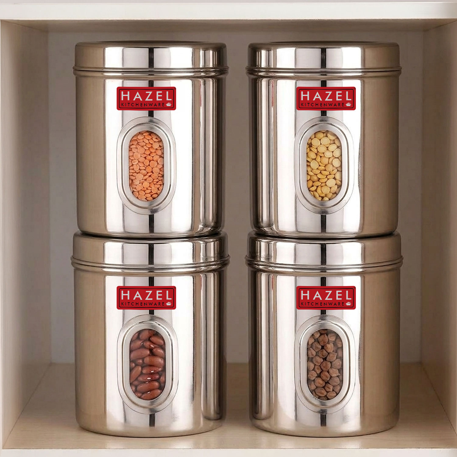 HAZEL Stainless Steel Transparent Kitchen Storage Containers with Air Tight Lid, 2400 ML, Set of 4