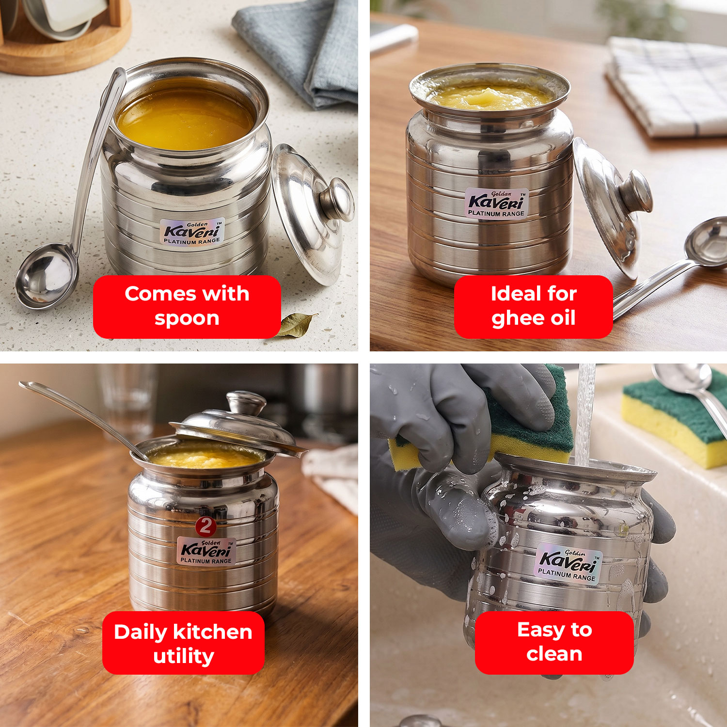 Kaveri Stainless Steel Kitchen Storage Ghee Dani Oil Pot Container, 350 ML