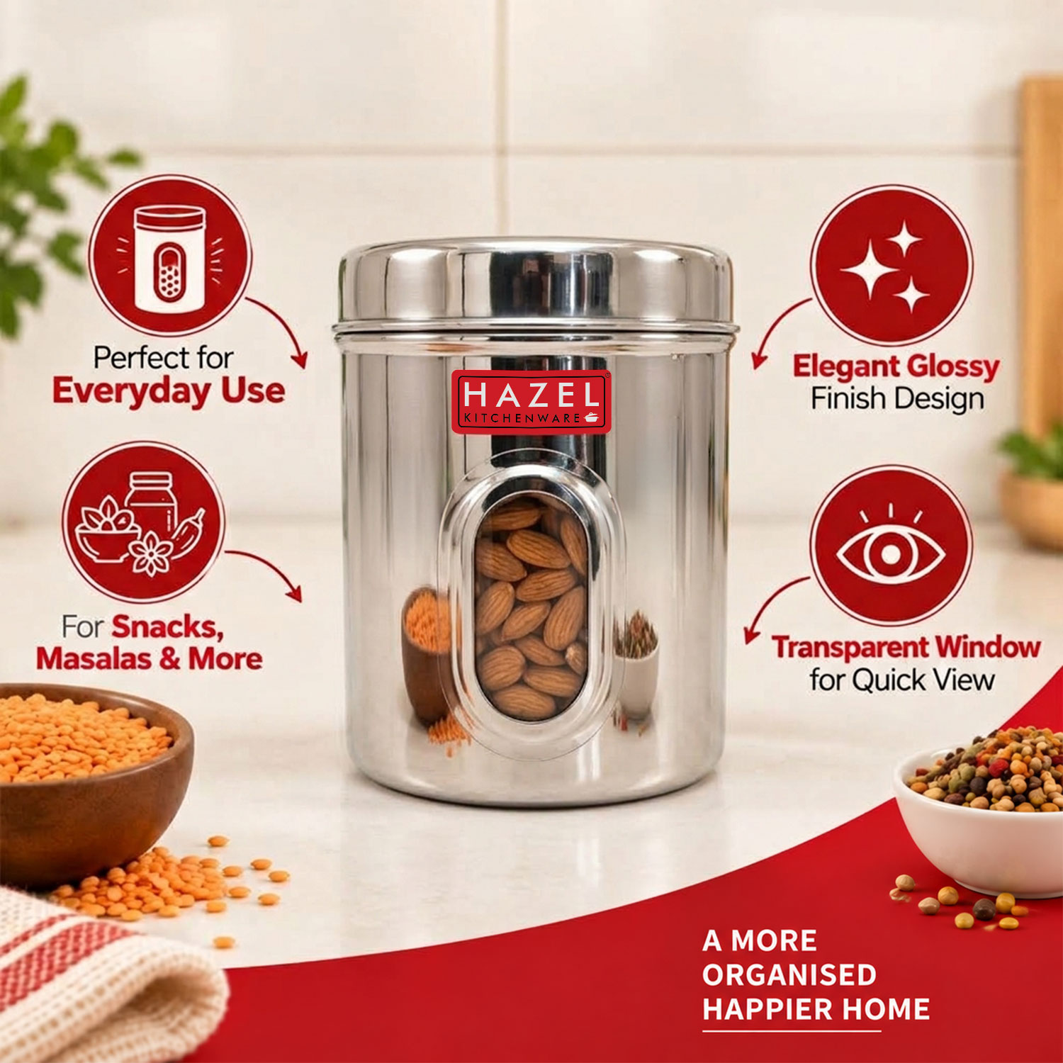 HAZEL Steel Kitchen Storage Containers | Tranparent Air Tight Containers for Storage, 1000 ML, Set of 2