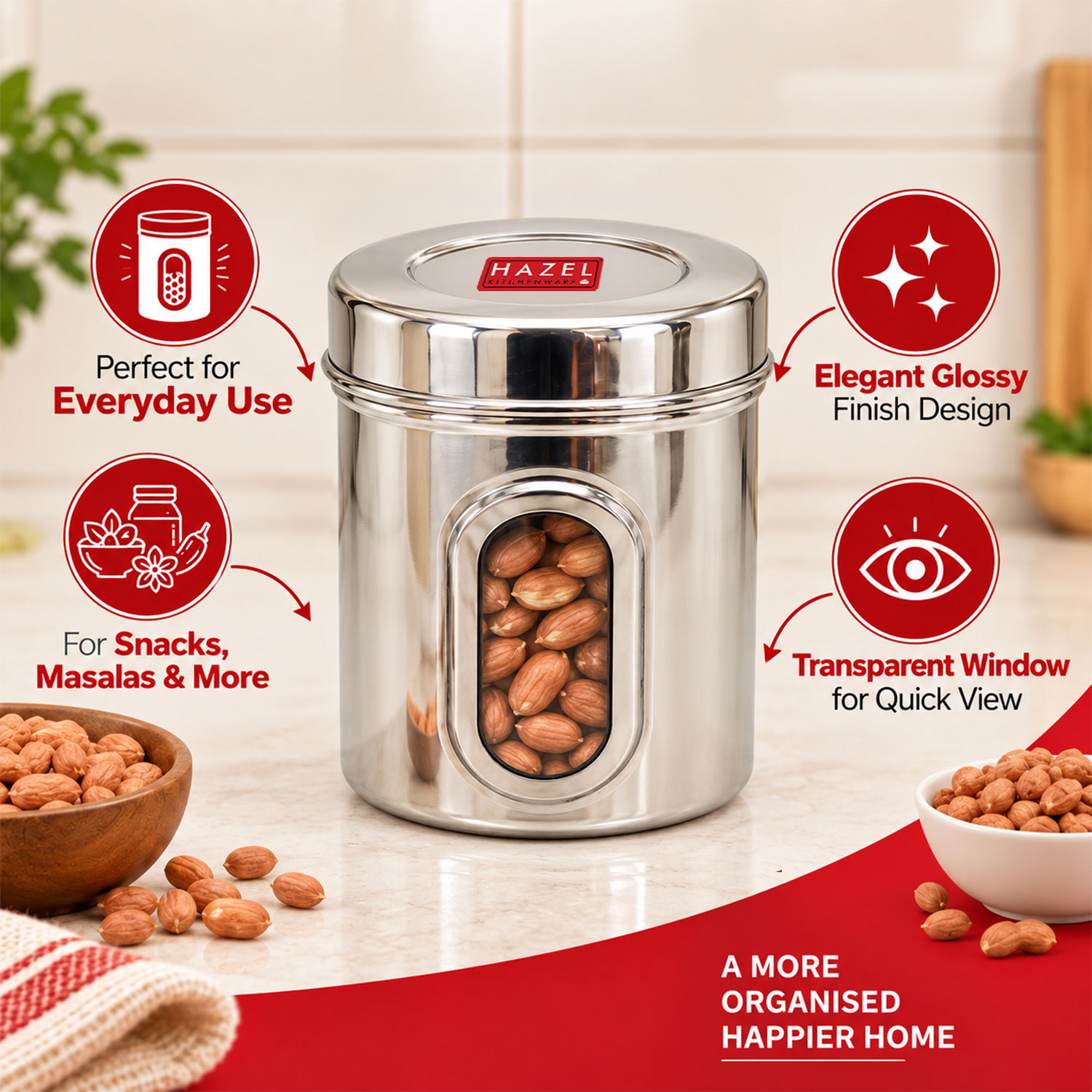 HAZEL Steel Container for Kitchen Storage | Transparent Kitchen Storage Containers, 1400 ML, Set of 6