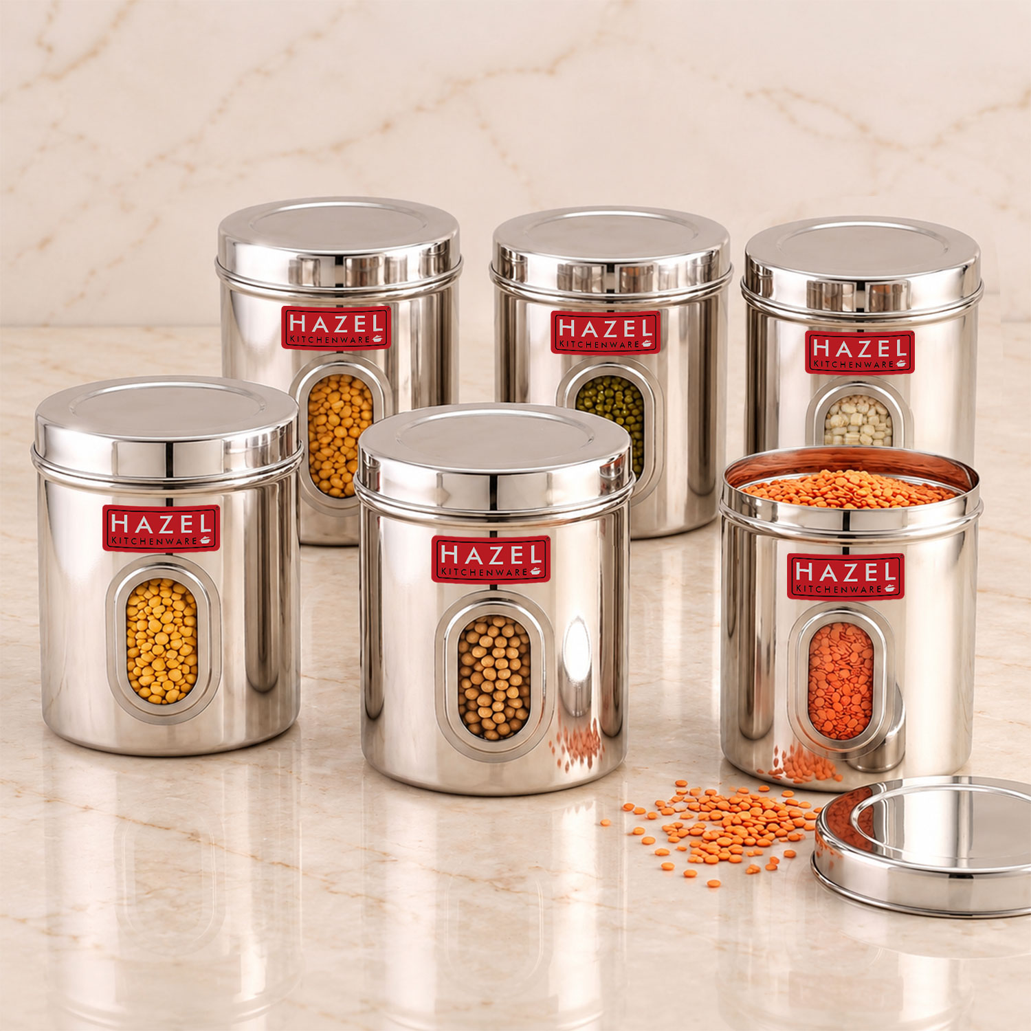 HAZEL Stainless Steel Transparent Kitchen Storage Containers with Air Tight Lid, 2400 ML, Set of 6