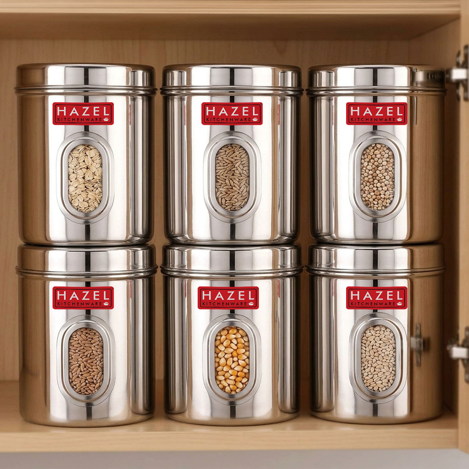 HAZEL Stainless Steel Transparent Kitchen Storage Containers with Air Tight Lid, 2400 ML, Set of 6