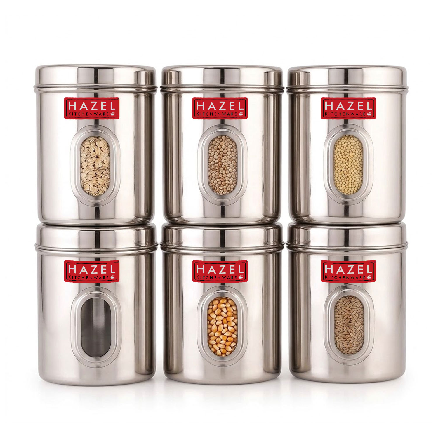 HAZEL Stainless Steel Transparent Kitchen Storage Containers with Air Tight Lid, 2400 ML, Set of 6