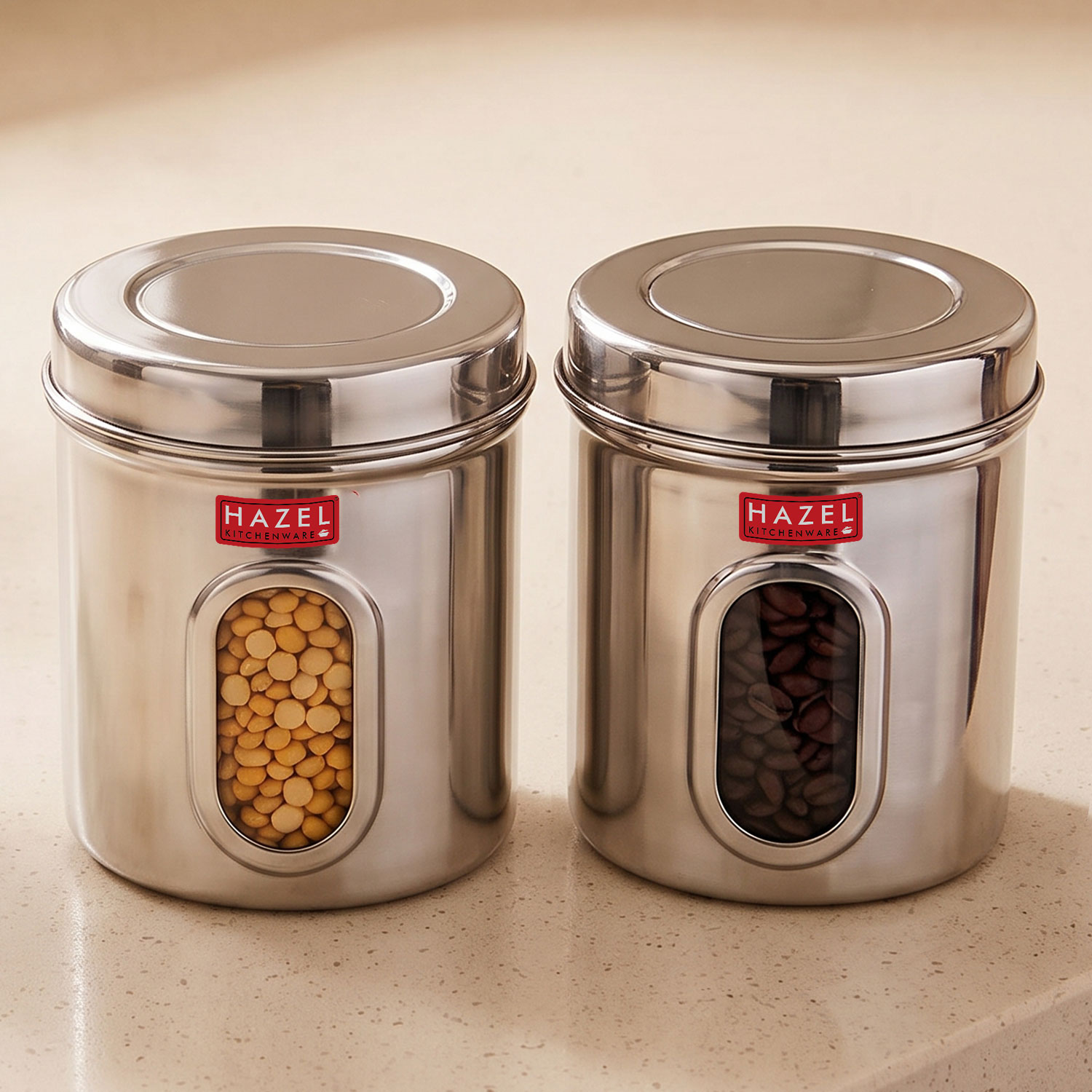 HAZEL Stainless Steel Transparent Kitchen Storage Containers with Air Tight Lid, 1700 ML, Set of 2