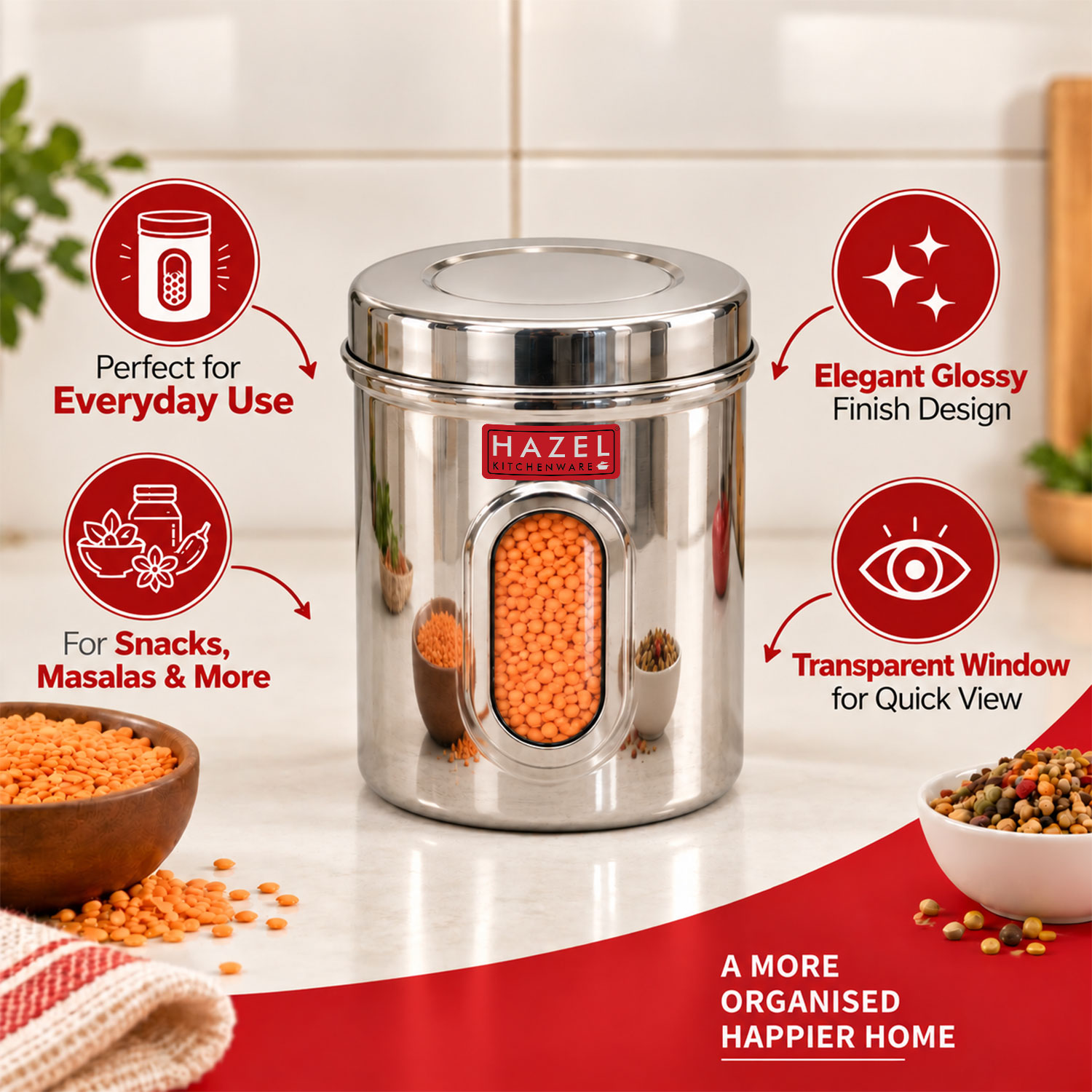 HAZEL Stainless Steel Transparent Kitchen Storage Containers with Air Tight Lid, 1700 ML, Set of 2