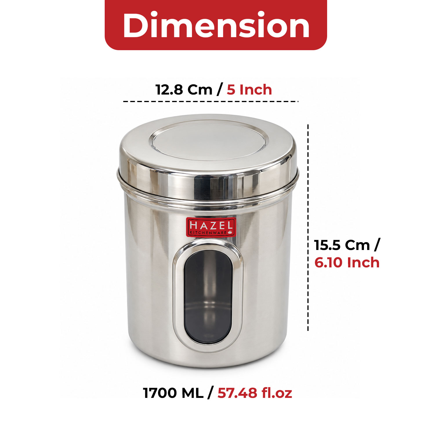 HAZEL Stainless Steel Transparent Kitchen Storage Containers with Air Tight Lid, 1700 ML, Set of 4