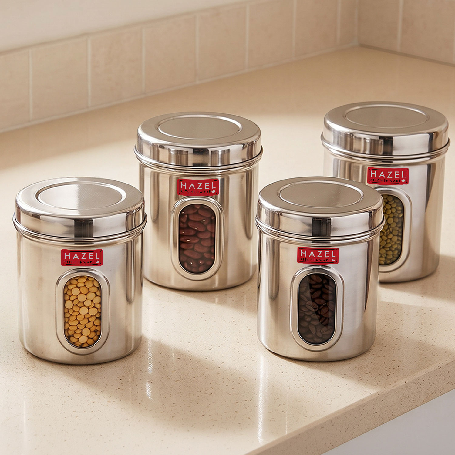HAZEL Stainless Steel Transparent Kitchen Storage Containers with Air Tight Lid, 1700 ML, Set of 4