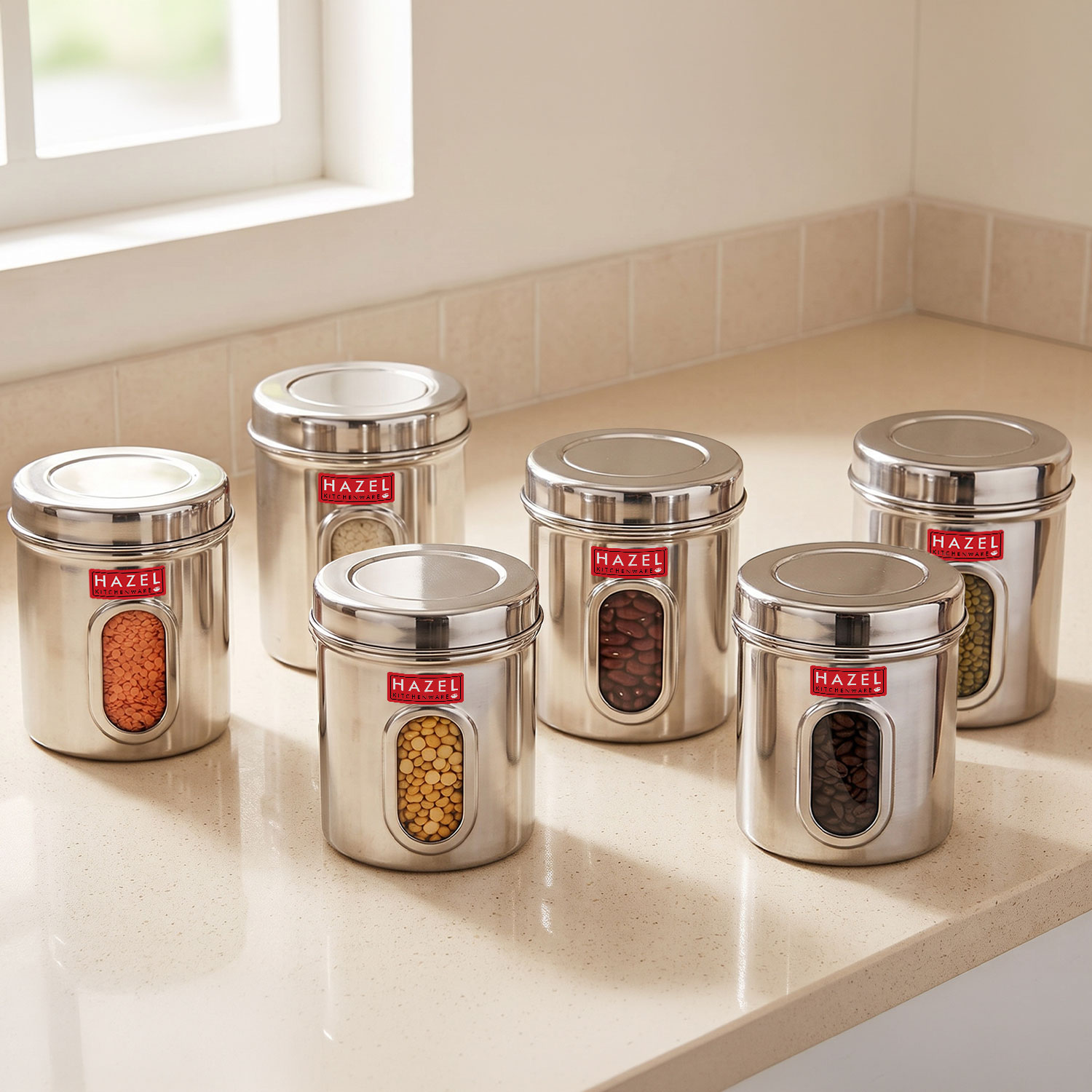 HAZEL Stainless Steel Transparent Kitchen Storage Containers with Air Tight Lid, 1700 ML, Set of 6