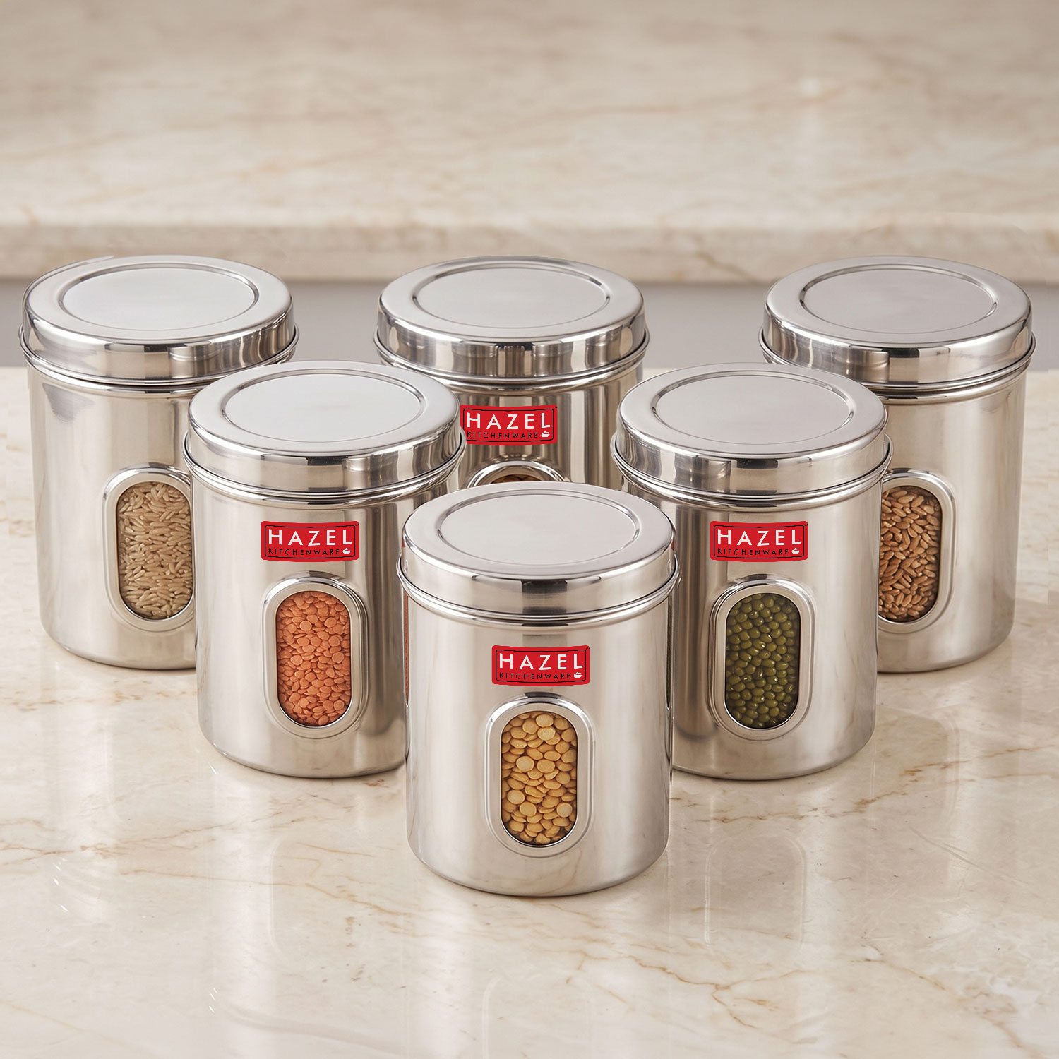 HAZEL Steel Kitchen Storage Containers | See Through Air Tight Containers for Storage, 2850 ML, Set of 6