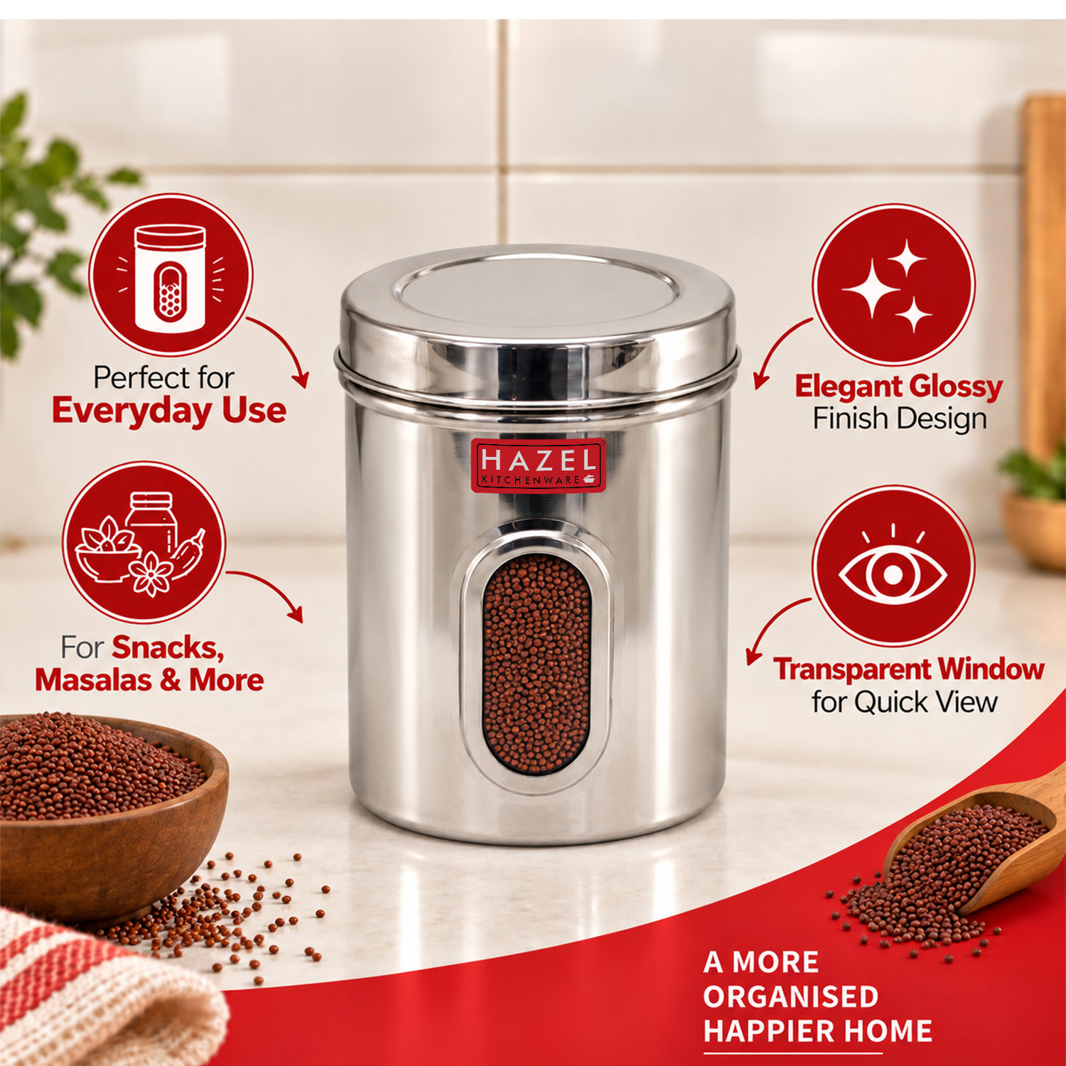 HAZEL Steel Kitchen Storage Containers | See Through Air Tight Containers for Storage, 2850 ML, Set of 6