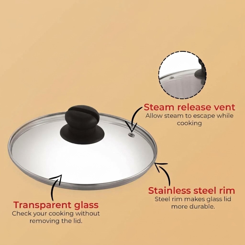 HAZEL Glass Cookware Lid With Knob and Built In Steam Vents, 18.3 cm